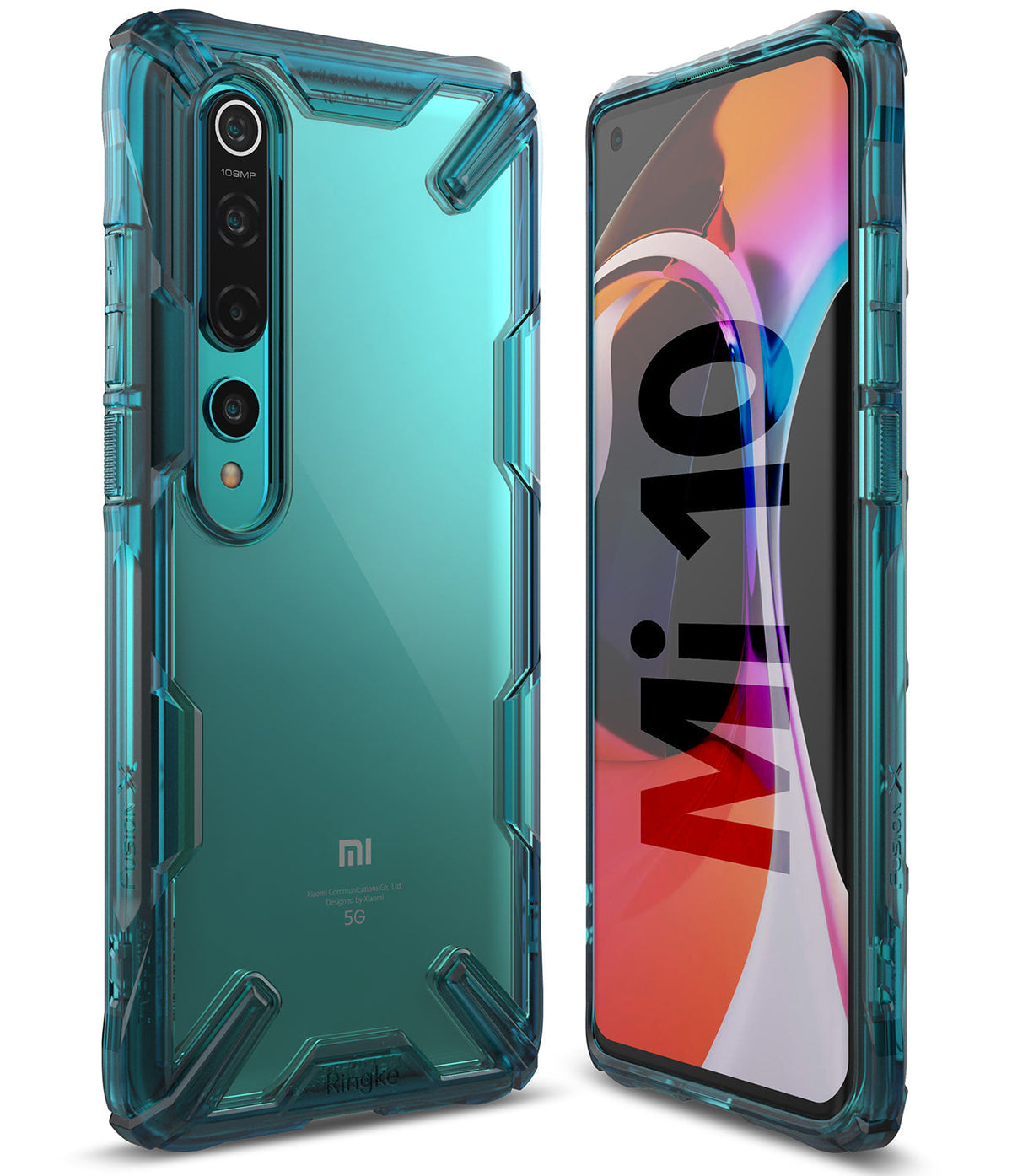 Mi 10 / 10 Pro Case | Fusion-X - Teal transparent protective phone case shown from front and back angles on a Mi 10.