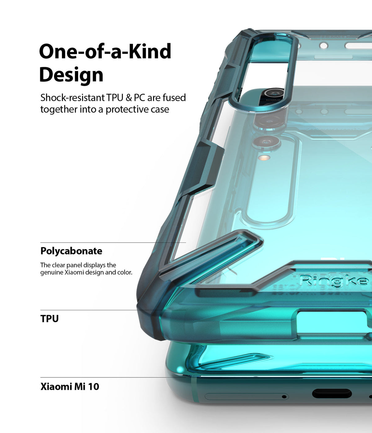 Mi 10 / 10 Pro Case | Fusion-X - Close-up of a clear, shock-resistant phone case on a Xiaomi Mi 10 with labeled material layers.