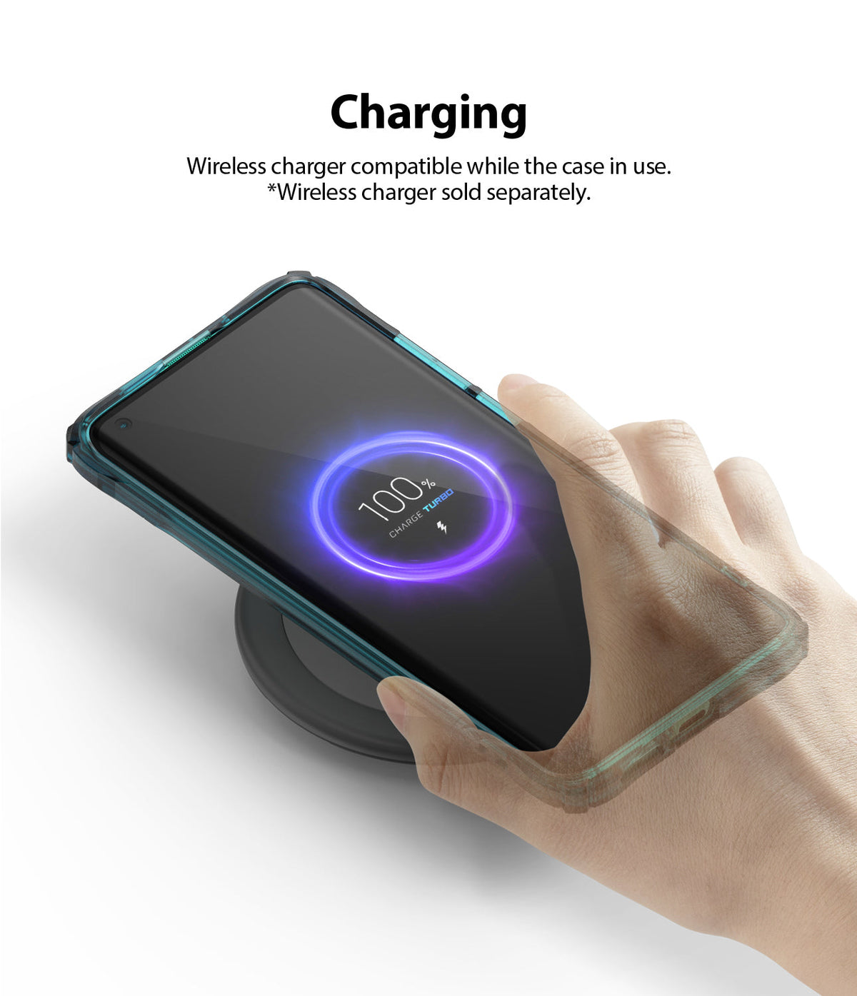 Mi 10 / 10 Pro Case | Fusion-X - A hand places a smartphone in a protective case onto a wireless charging pad showing 100% charge.
