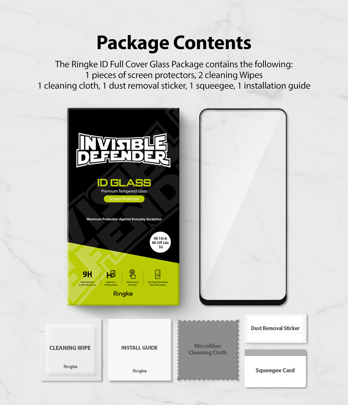 Mi 10T Lite 5G / 10i 5G Screen Protector | Invisible Defender - Package contents including glass protector, wipes, cloth, sticker, and squeegee.