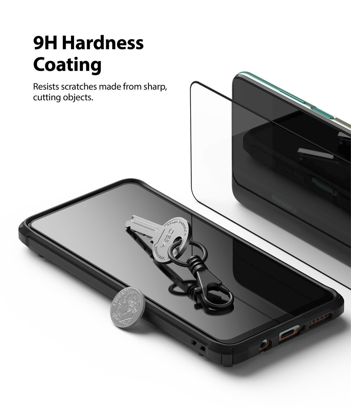 Mi 10T Lite 5G / 10i 5G Screen Protector | Invisible Defender - Mi 10T Lite 5G / 10i 5G Screen Protector - Smartphone with a glass screen protector, a key, and a coin on its surface.