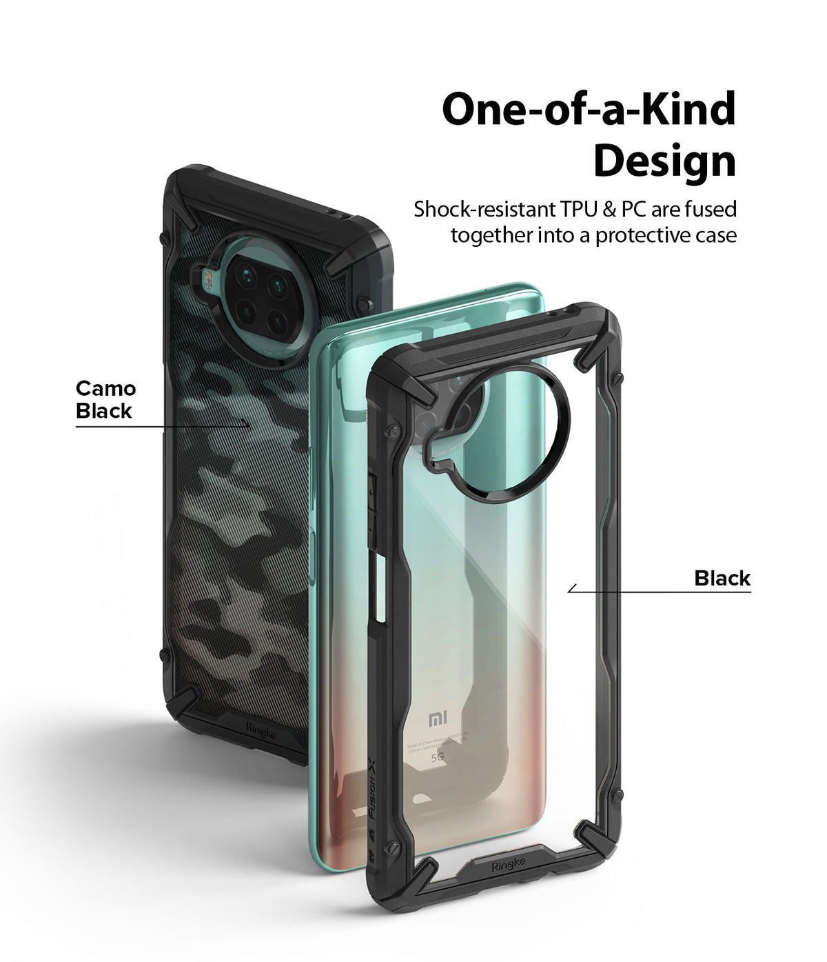 Mi 10T Lite 5G / 10i 5G Case | Fusion-X - Two Mi 10T Lite phones in Camo Black and clear black Fusion-X protective cases.