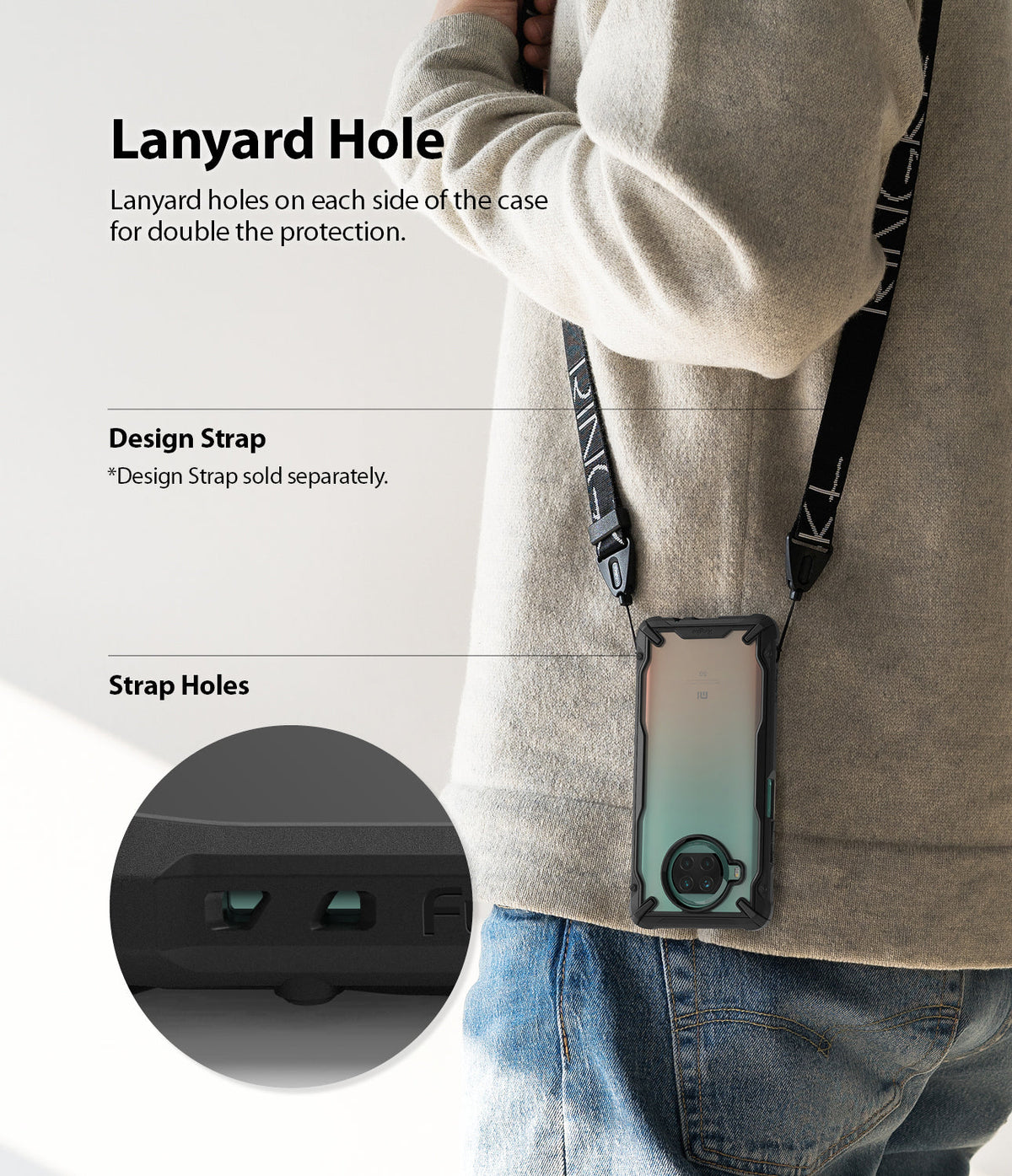 Mi 10T Lite 5G / 10i 5G Case | Fusion-X - Phone in protective case hanging from a neck strap with inset showing lanyard holes.