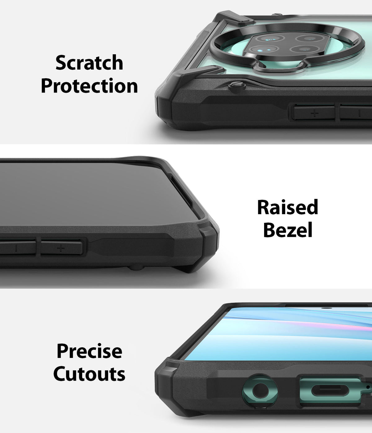 Mi 10T Lite 5G / 10i 5G Case | Fusion-X - Three views showing scratch protection, raised screen bezels, and precise cutouts.