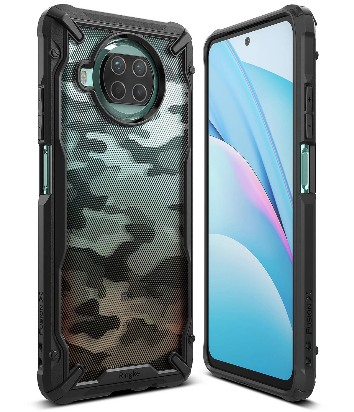 Mi 10T Lite 5G / 10i 5G Case | Fusion-X - Rugged black phone case with camo back and reinforced corners on a smartphone.