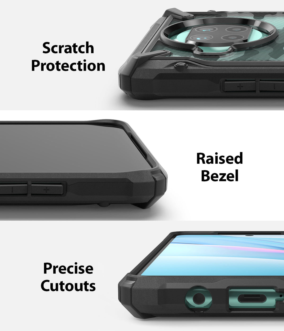 Mi 10T Lite 5G / 10i 5G Case | Fusion-X - Close-ups of phone case showing scratch protection, raised bezels, and cutouts.