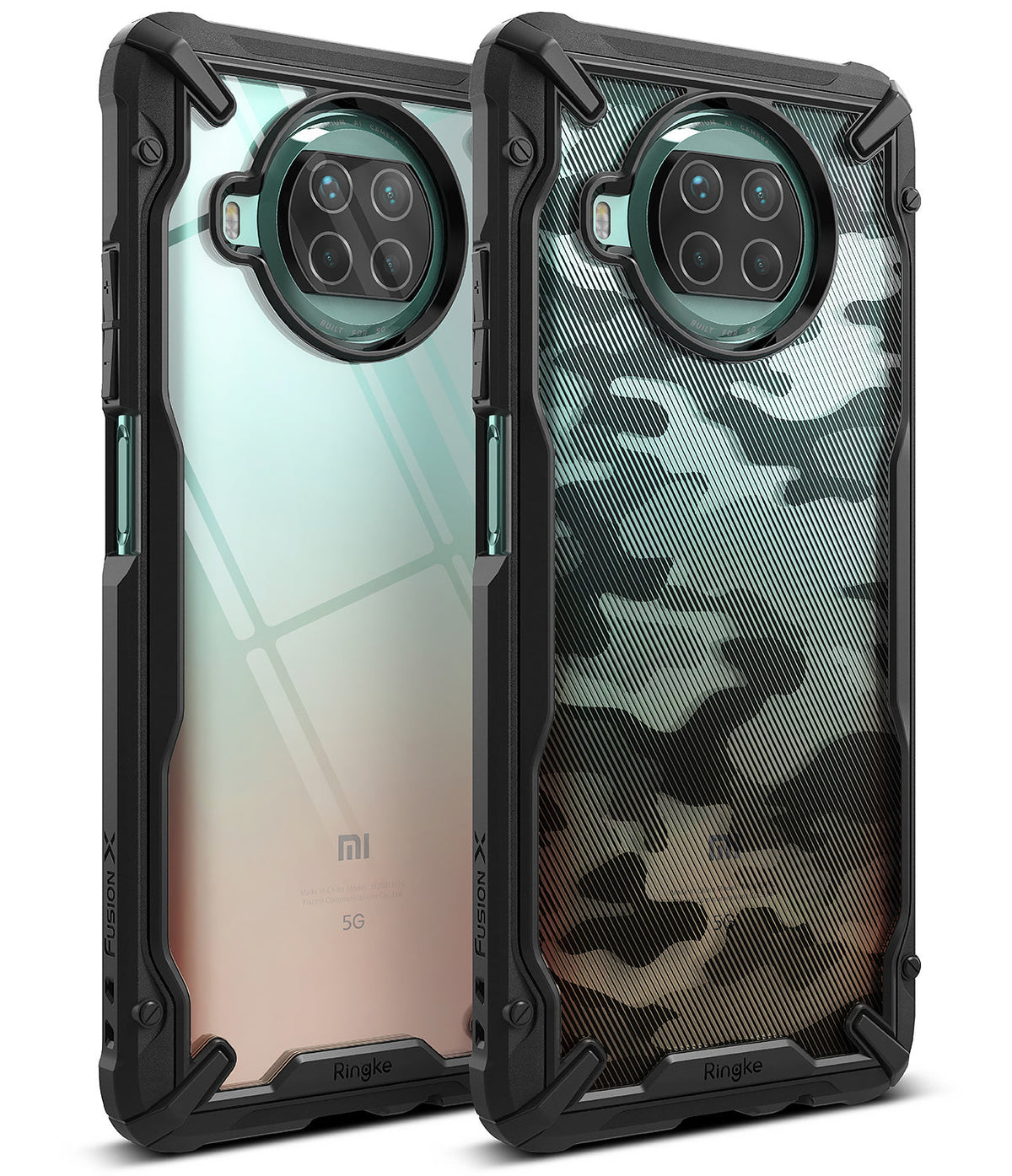 Mi 10T Lite 5G / 10i 5G Case | Fusion-X - Two rugged black phone cases with clear and camo back panels for Xiaomi phones.