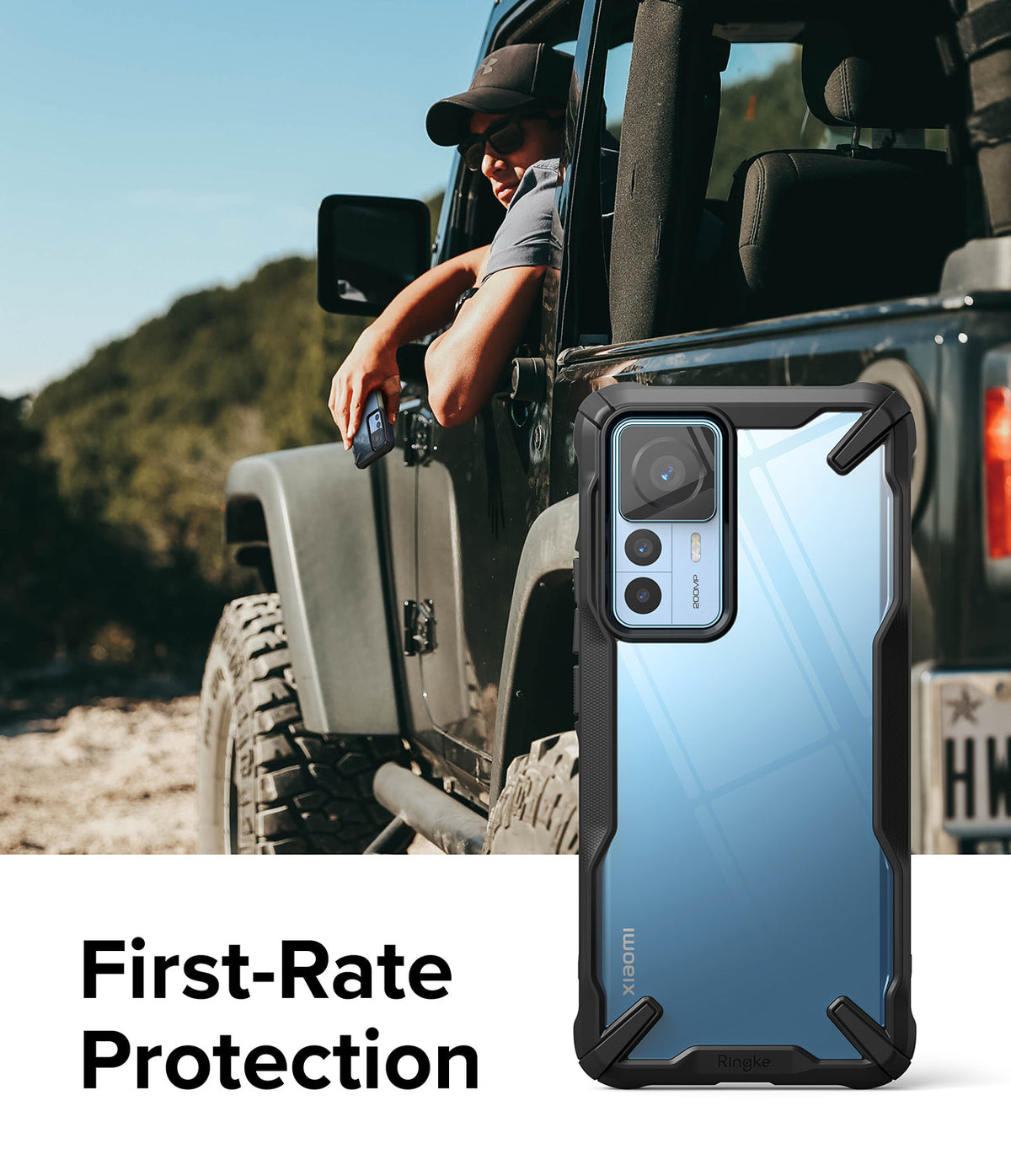 Xiaomi 12T / 12T Pro Case | Fusion-X - Rugged black phone case with clear back panel shown against a man in an off-road vehicle.