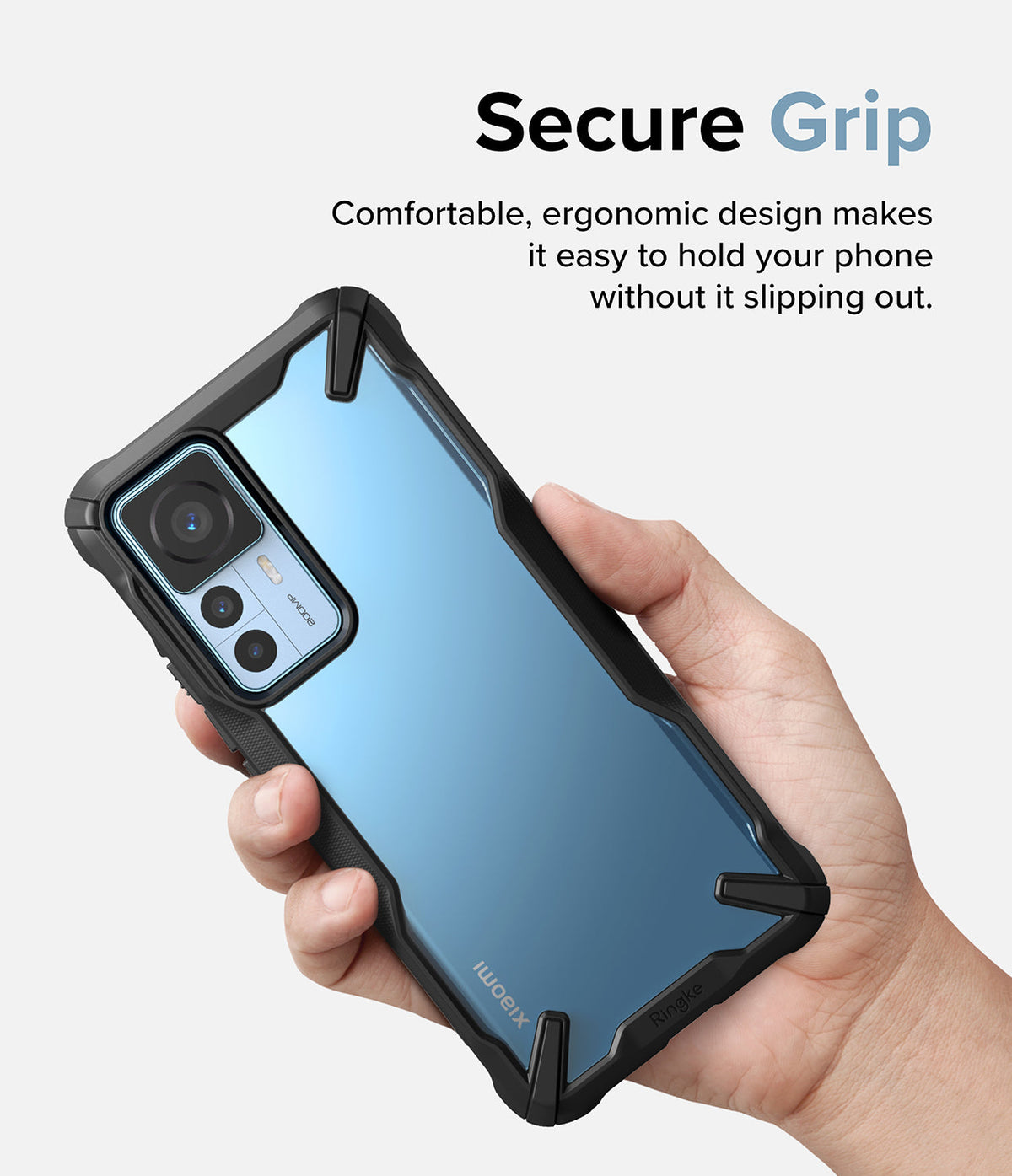 Xiaomi 12T / 12T Pro Case | Fusion-X - Hand holding a blue phone in a black rugged protective case with text Secure Grip.
