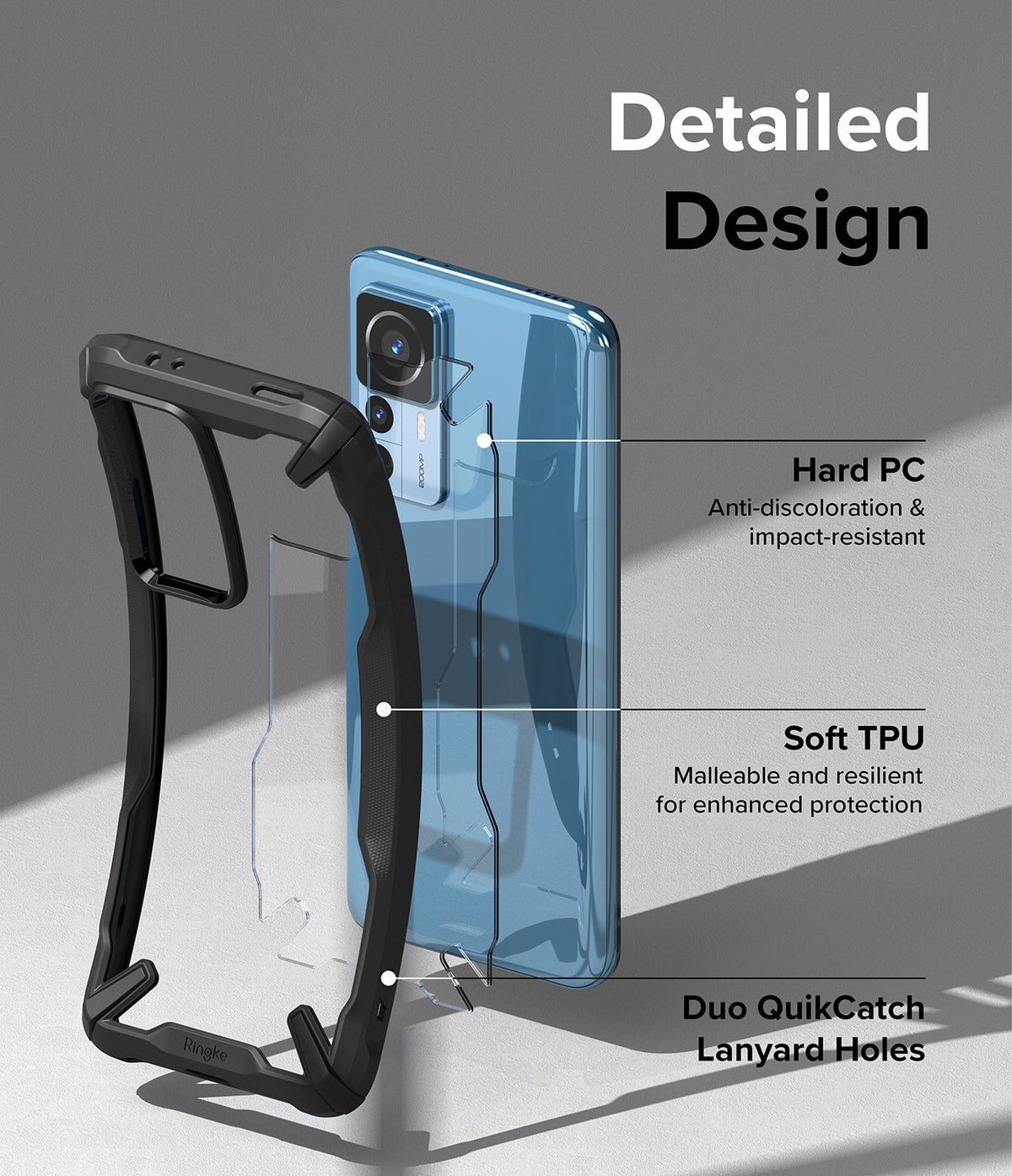 Xiaomi 12T / 12T Pro Case | Fusion-X - Exploded view of a blue phone and black protective case with labels for PC, TPU, and lanyard holes.