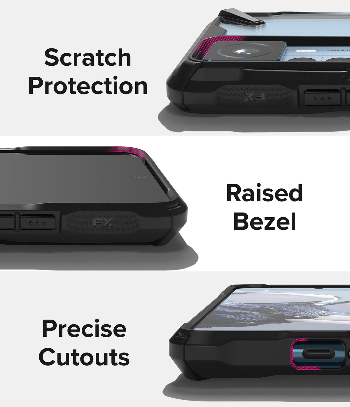 Xiaomi 12T / 12T Pro Case | Fusion-X - Close-ups of a black phone case highlighting camera protection, raised screen bezels, and port cutouts.