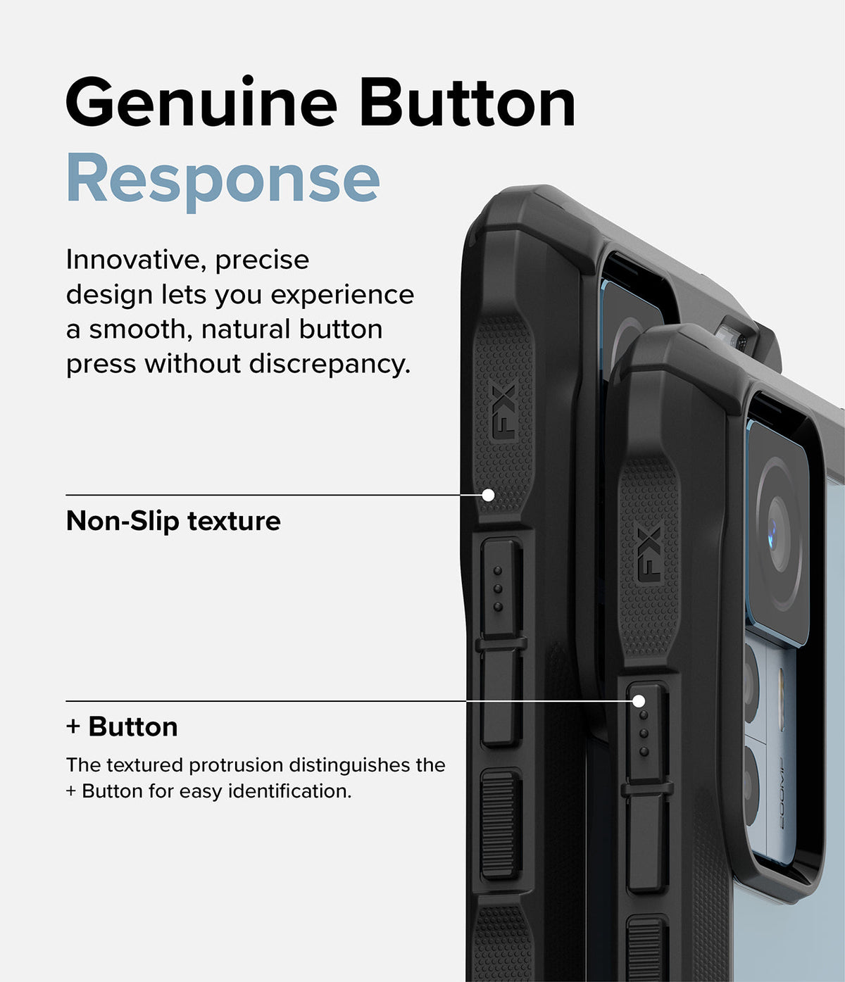 Xiaomi 12T / 12T Pro Case | Fusion-X - Close-up of phone case buttons highlighting non-slip texture and distinct plus button.