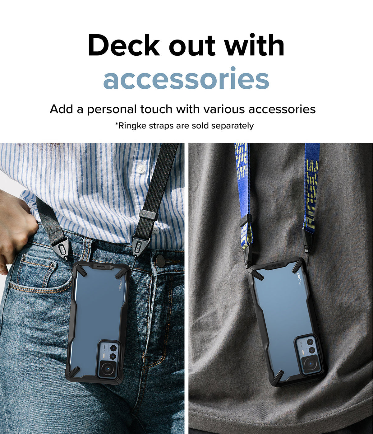 Xiaomi 12T / 12T Pro Case | Fusion-X - Two views of a phone in a black case worn around the neck with different straps.