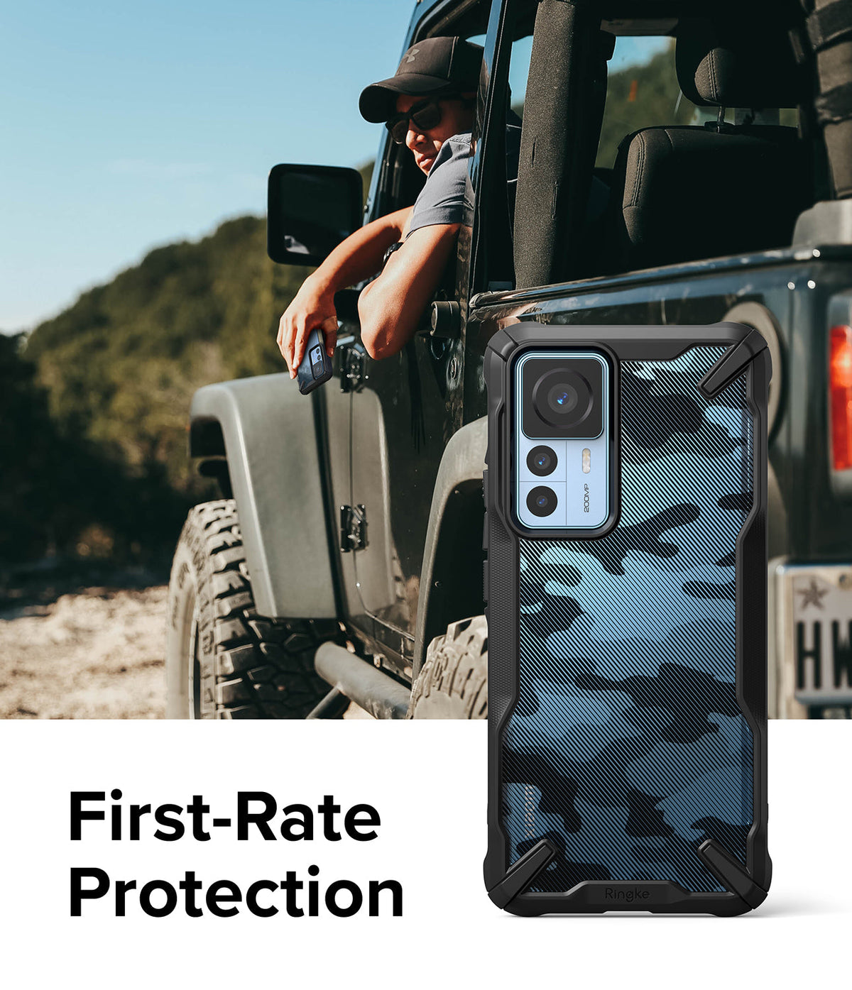 Xiaomi 12T / 12T Pro Case | Fusion-X - Blue camo phone case with rugged black frame shown against a man in a Jeep.