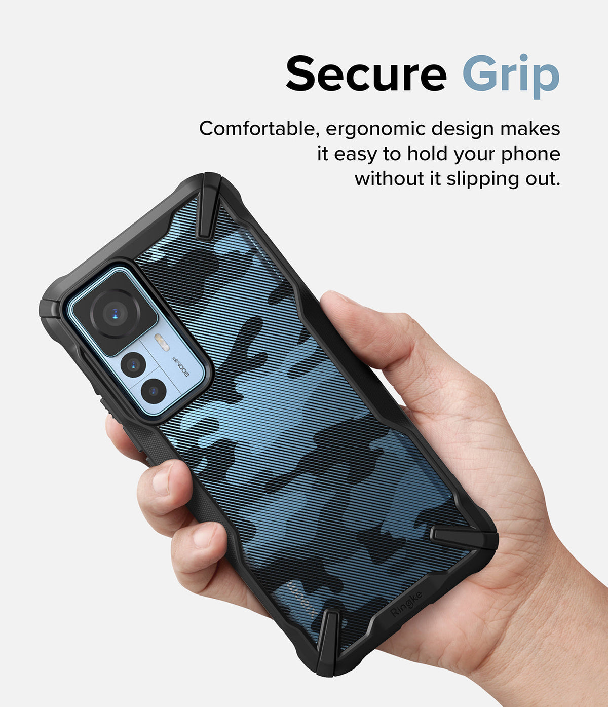 Xiaomi 12T / 12T Pro Case | Fusion-X - Hand holding a phone with a blue camouflage Fusion-X case featuring a secure grip.