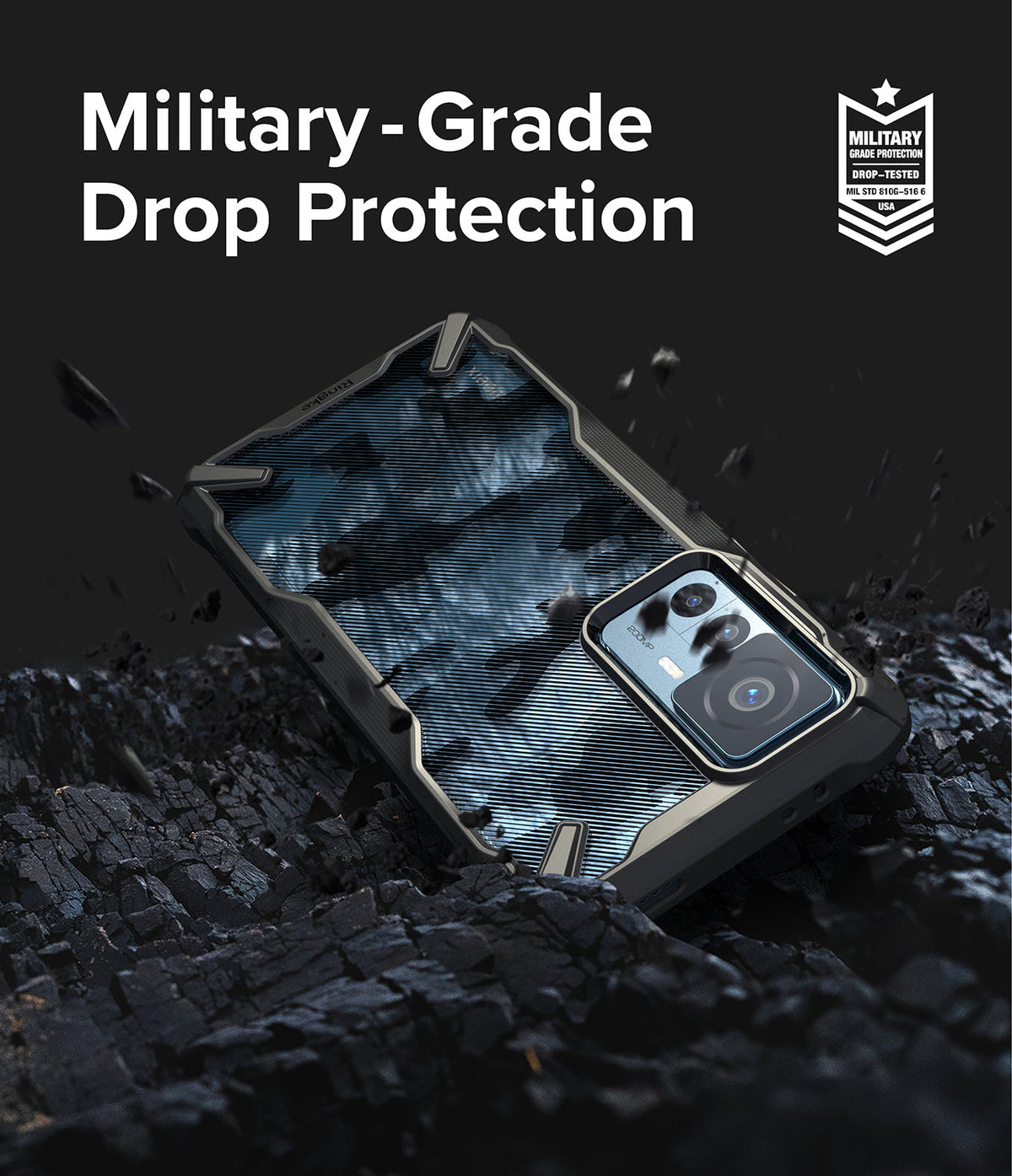 Xiaomi 12T / 12T Pro Case | Fusion-X - Rugged phone case with camo back resting on dark, textured debris with military-grade protection text.