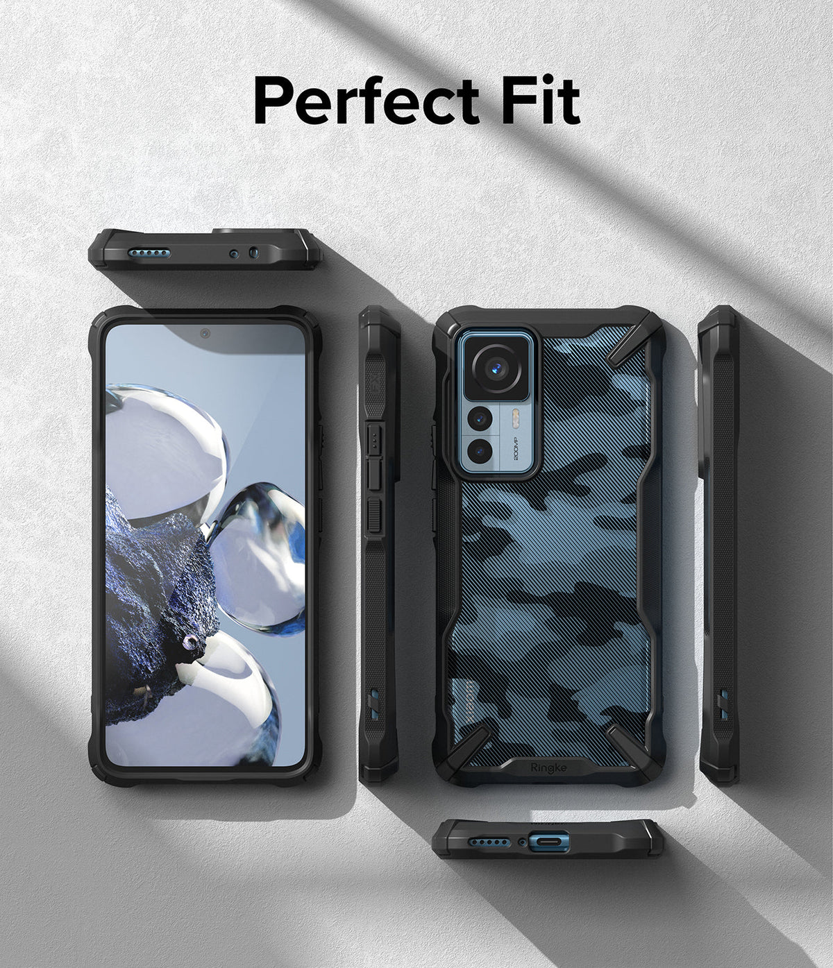 Xiaomi 12T / 12T Pro Case | Fusion-X - Multiple views of a blue camo phone case showing front, back, and side profiles.