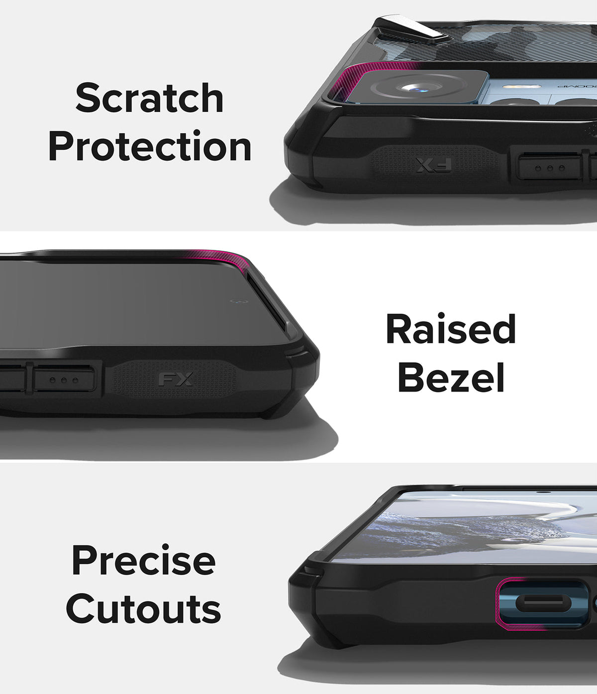 Xiaomi 12T / 12T Pro Case | Fusion-X - Three close-up views of a phone case highlighting camera protection, raised screen bezels, and port cutouts.
