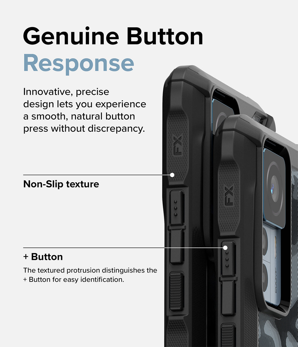 Xiaomi 12T / 12T Pro Case | Fusion-X - Close-up of phone case buttons highlighting non-slip texture and distinct plus button.
