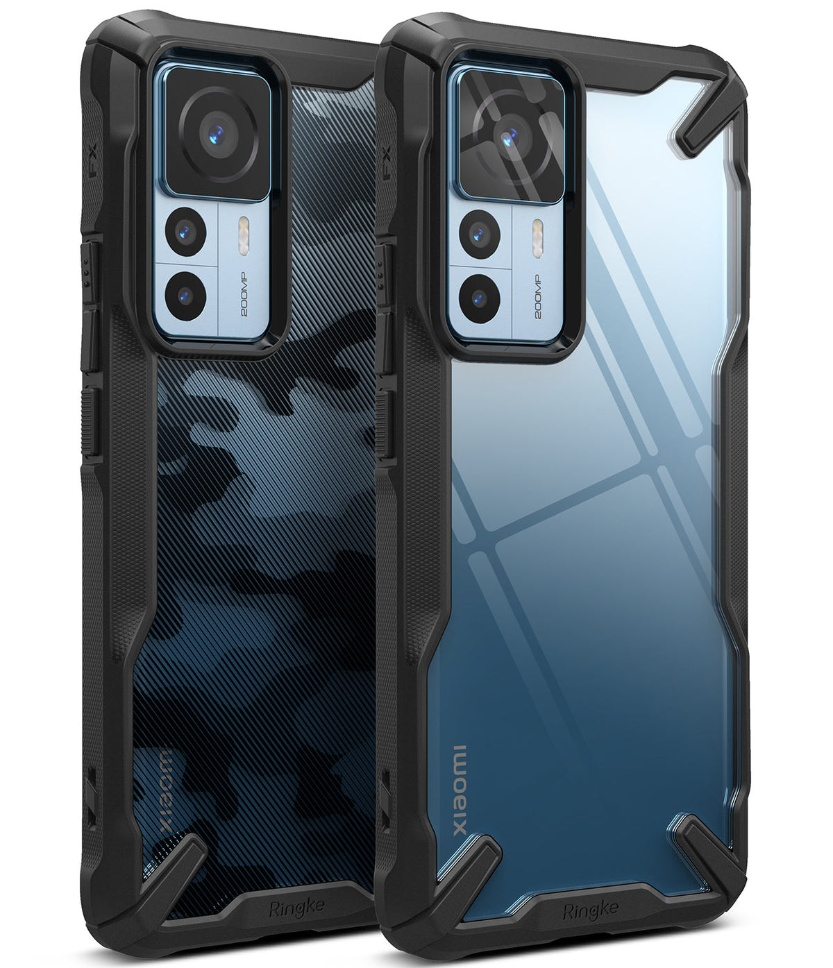 Xiaomi 12T / 12T Pro Case | Fusion-X - Two Xiaomi phones in black rugged cases, one with camo pattern and one clear back.