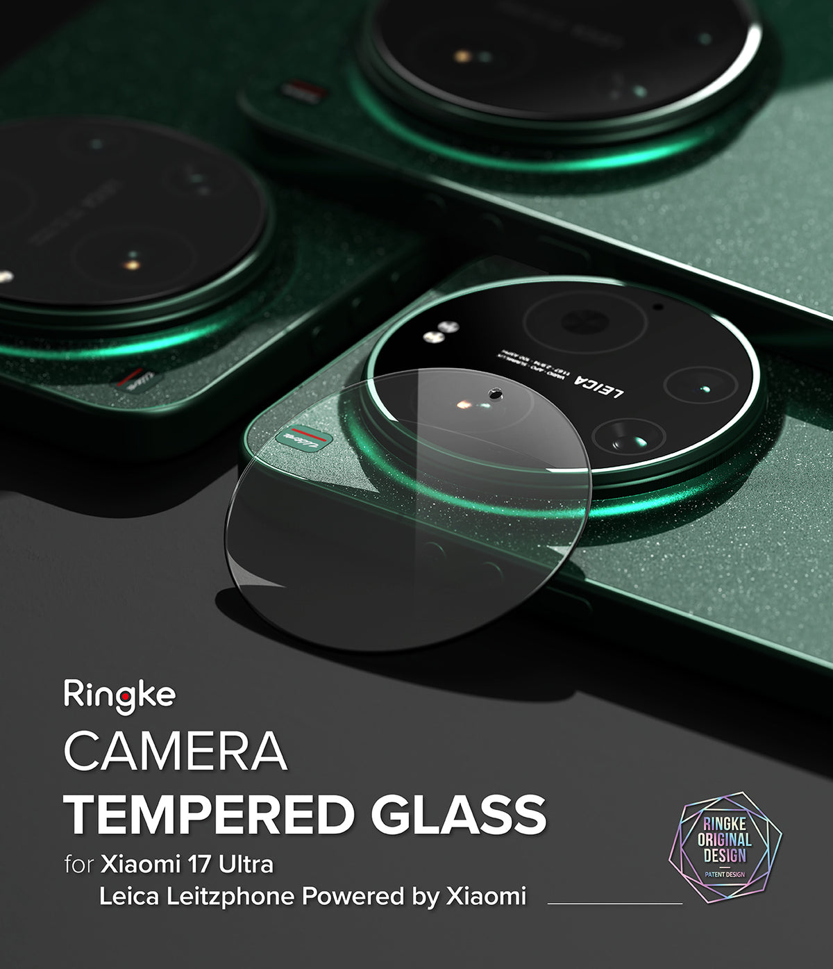 Xiaomi 17 Ultra | Camera Glass (2P) - Circular tempered glass protector hovering over a green Xiaomi 17 Ultra camera module.