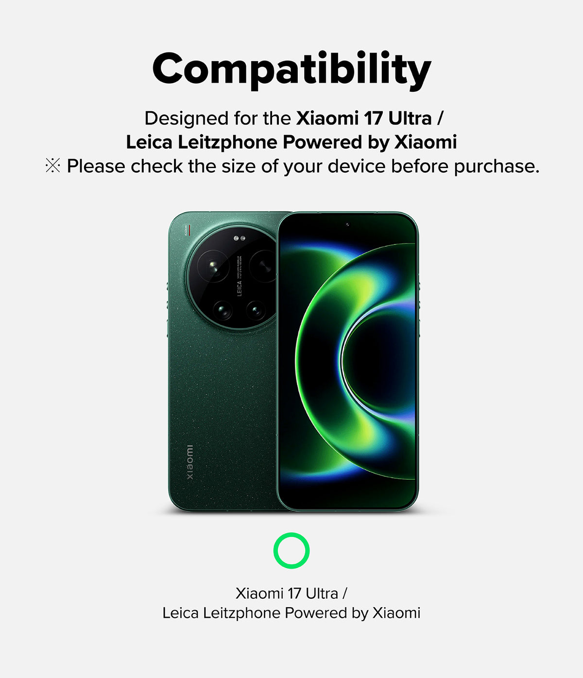 Xiaomi 17 Ultra | Camera Glass (2P) - Compatibility graphic showing a green Xiaomi 17 Ultra smartphone with a large camera.