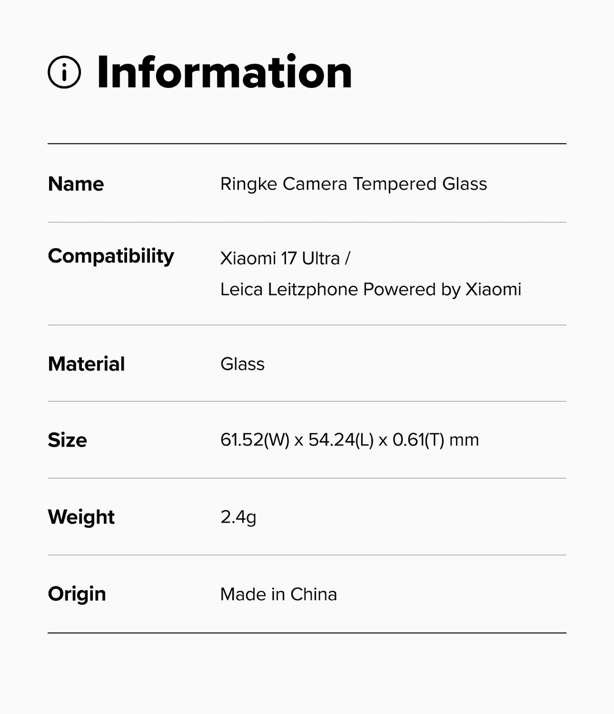 Xiaomi 17 Ultra | Camera Glass (2P) - Information table listing product name, compatibility, material, size, weight, and origin.