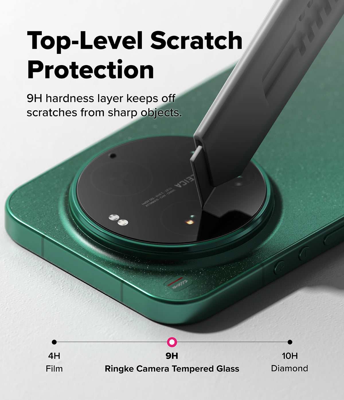 Xiaomi 17 Ultra | Camera Glass (2P) - A utility knife blade scrapes a 9H tempered glass protector on a green phone camera.