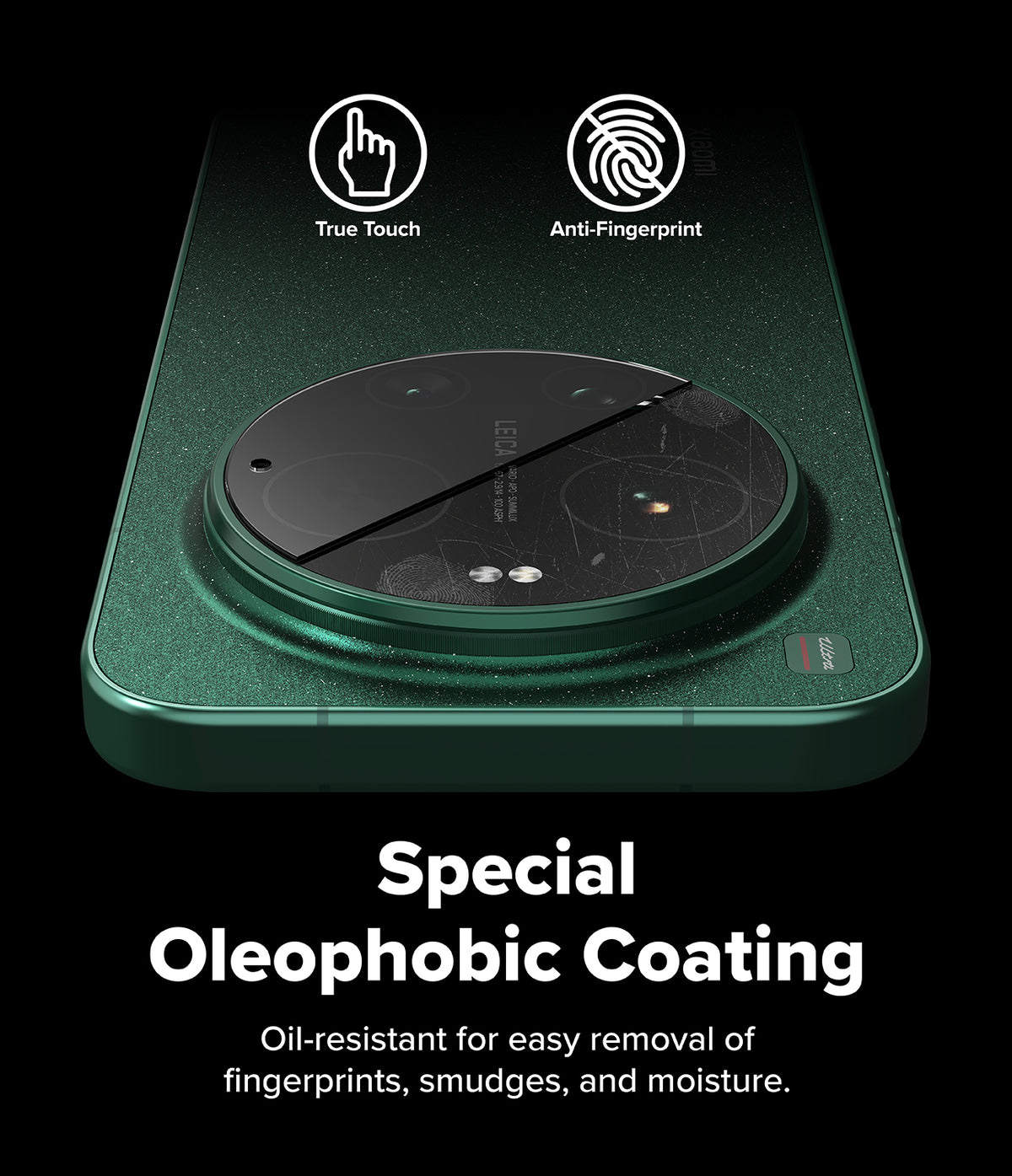 Xiaomi 17 Ultra | Camera Glass (2P) - Split-view camera lens showing oleophobic coating effectiveness against smudges.