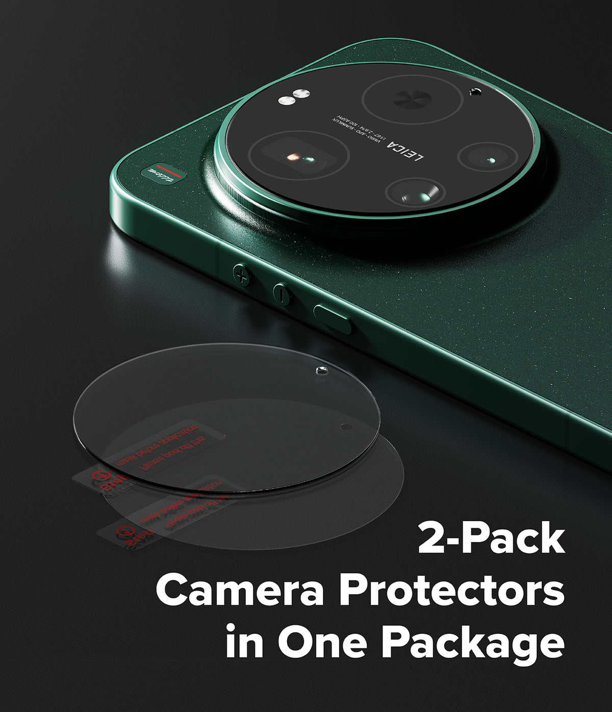 Xiaomi 17 Ultra | Camera Glass (2P) - Two circular glass camera lens protectors shown next to a green smartphone.