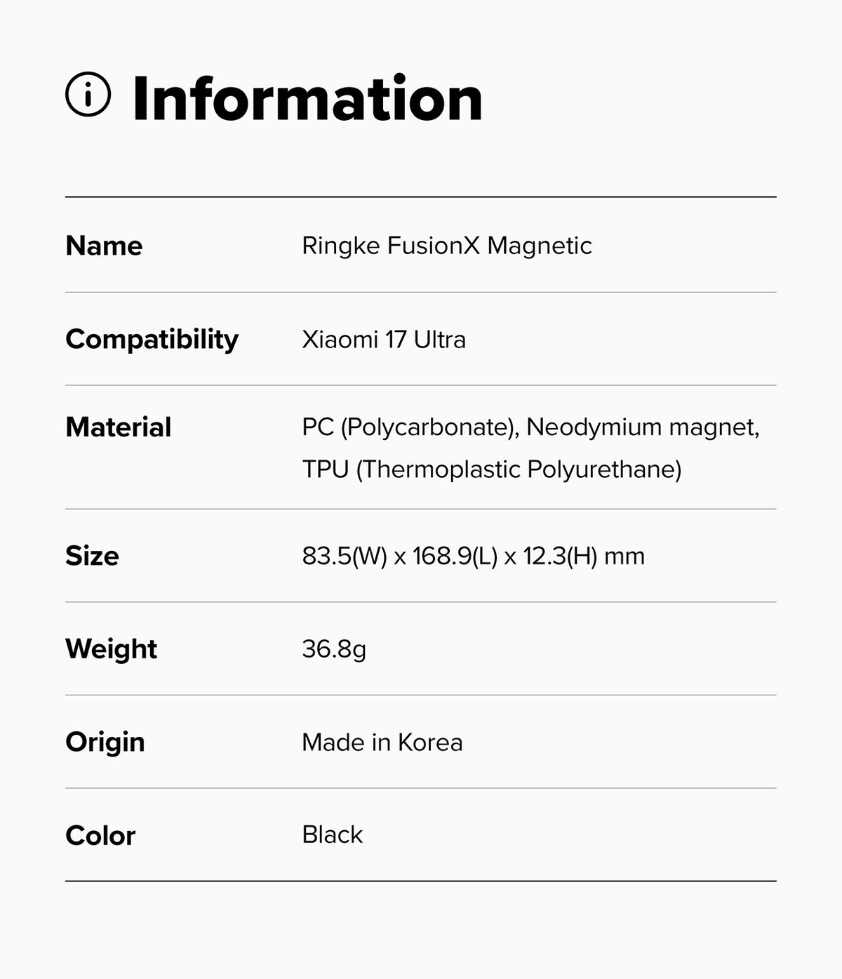 Xiaomi 17 Ultra Case | Fusion-X Magnetic - Information table listing specifications for the black Ringke FusionX case.