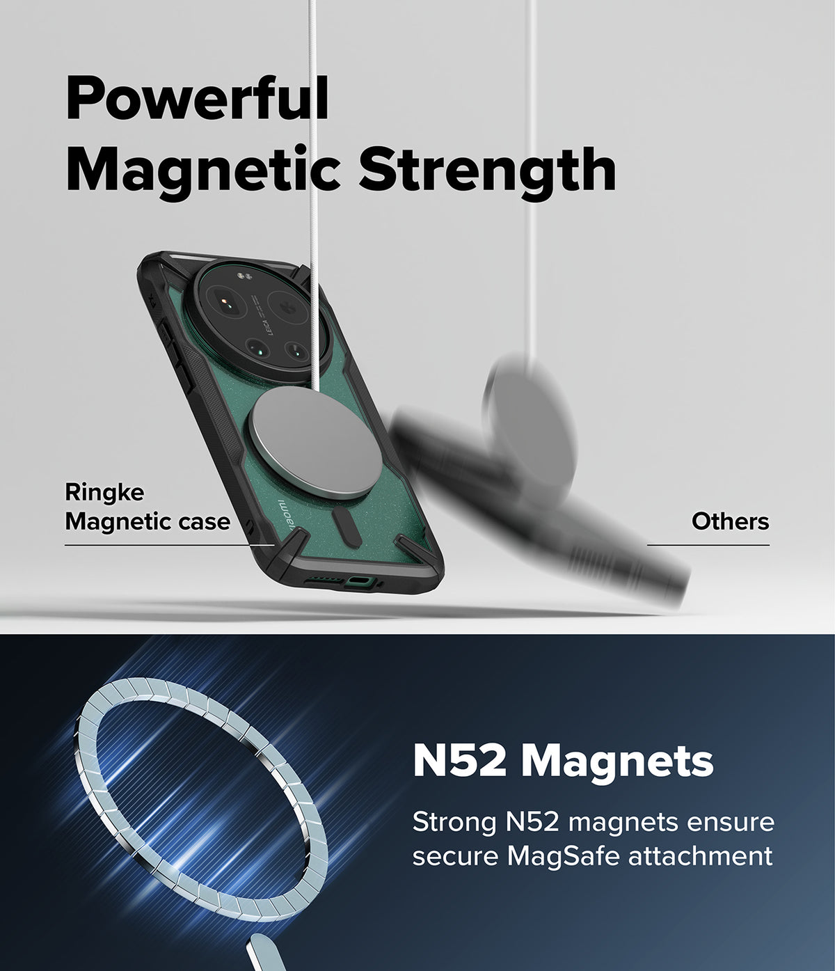 Xiaomi 17 Ultra Case | Fusion-X Magnetic - A magnetic case securely attached to a charger versus a falling phone.