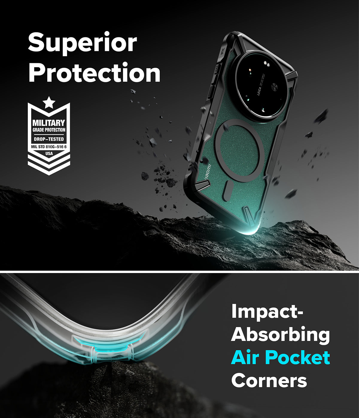Xiaomi 17 Ultra Case | Fusion-X Magnetic - Rugged green phone case with magnetic ring, military-grade badge, and air-pocket corners.