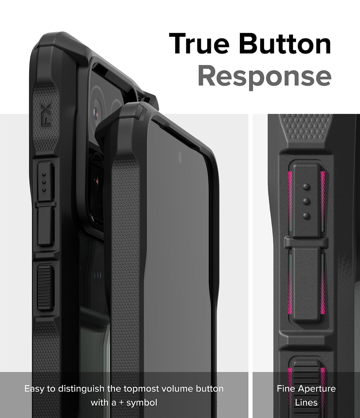 Xiaomi 14 Case | Fusion-X - Close-up of black phone case buttons with tactile symbols and fine aperture lines for responsive use.