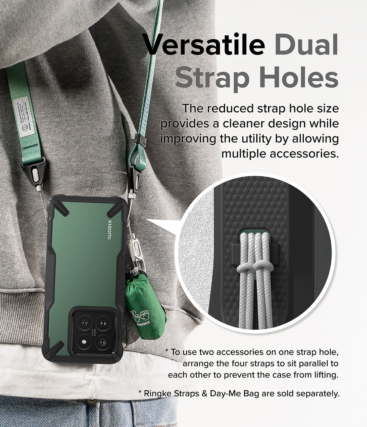 Xiaomi 14 Case | Fusion-X - A green phone case with dual strap holes attached to a lanyard and a small accessory bag.