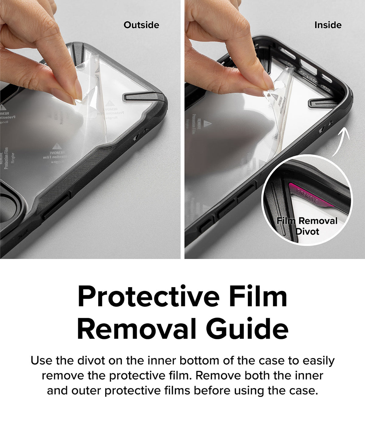 Xiaomi 14 Case | Fusion-X - Hands peeling protective film from the inside and outside of a black phone case with a removal divot.