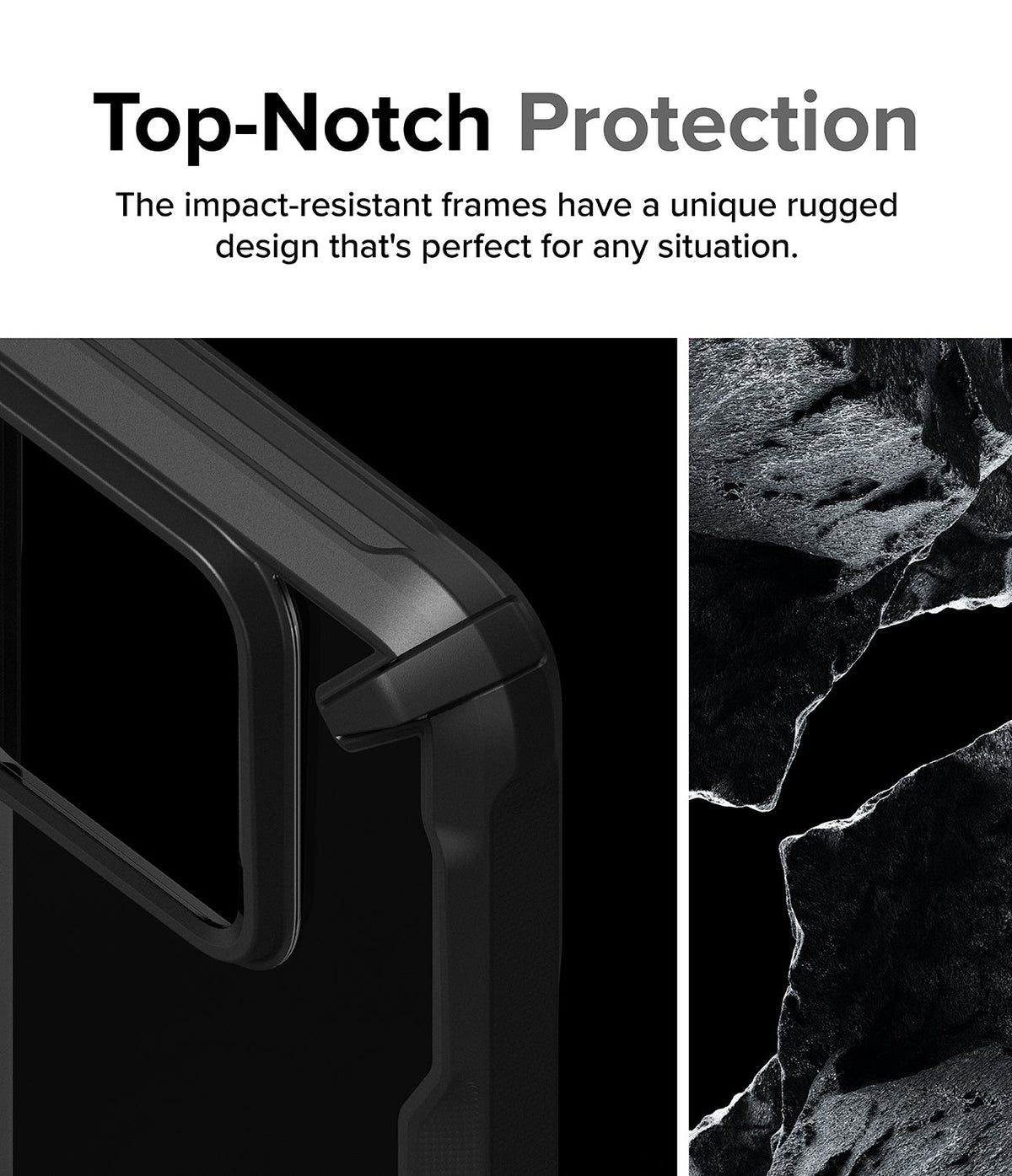 Xiaomi 14 Case | Fusion-X - Close-up of a rugged black phone case corner next to a textured rock background.