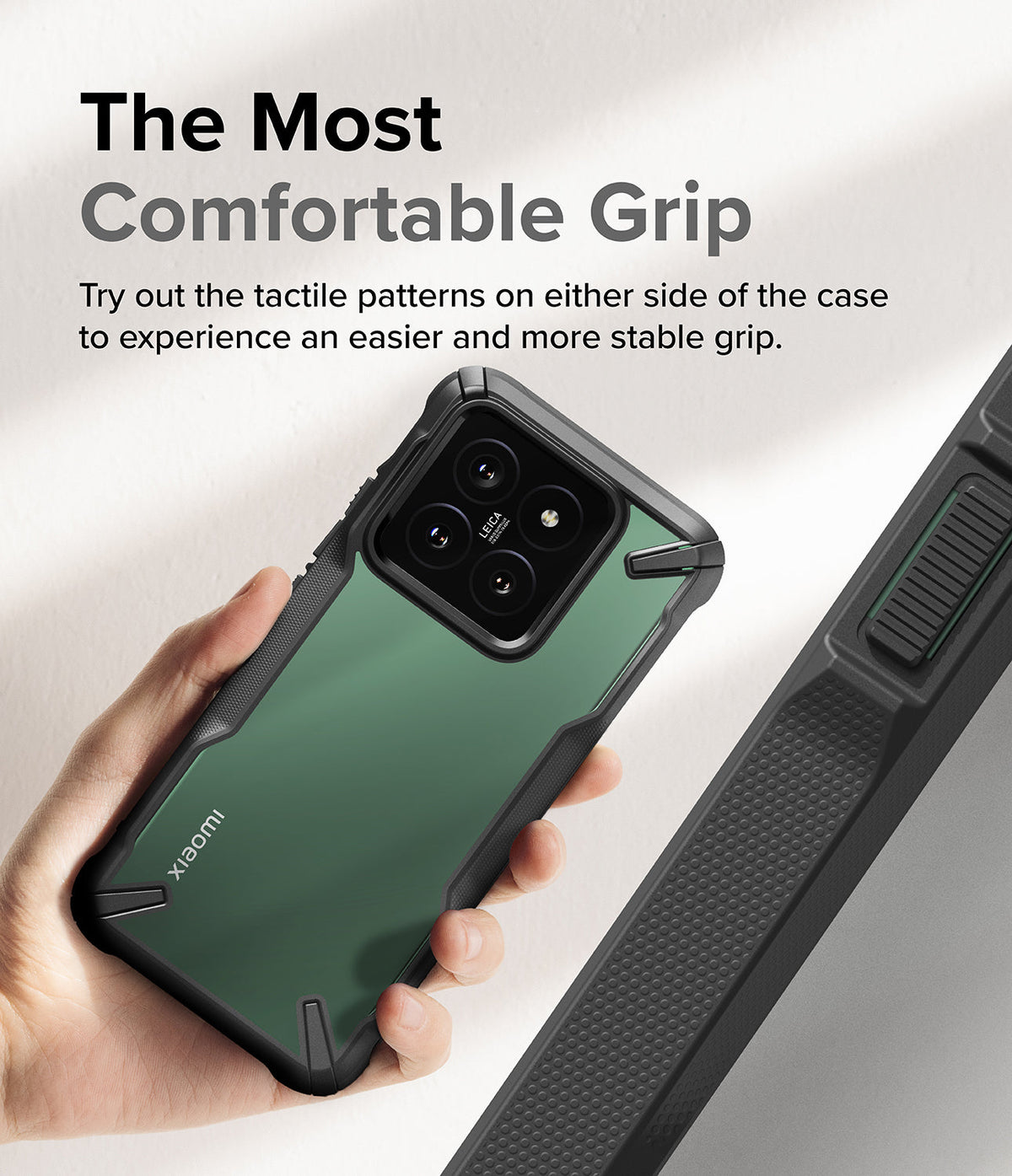Xiaomi 14 Case | Fusion-X - Hand holding a green Xiaomi 14 with a black protective case featuring textured side grips.