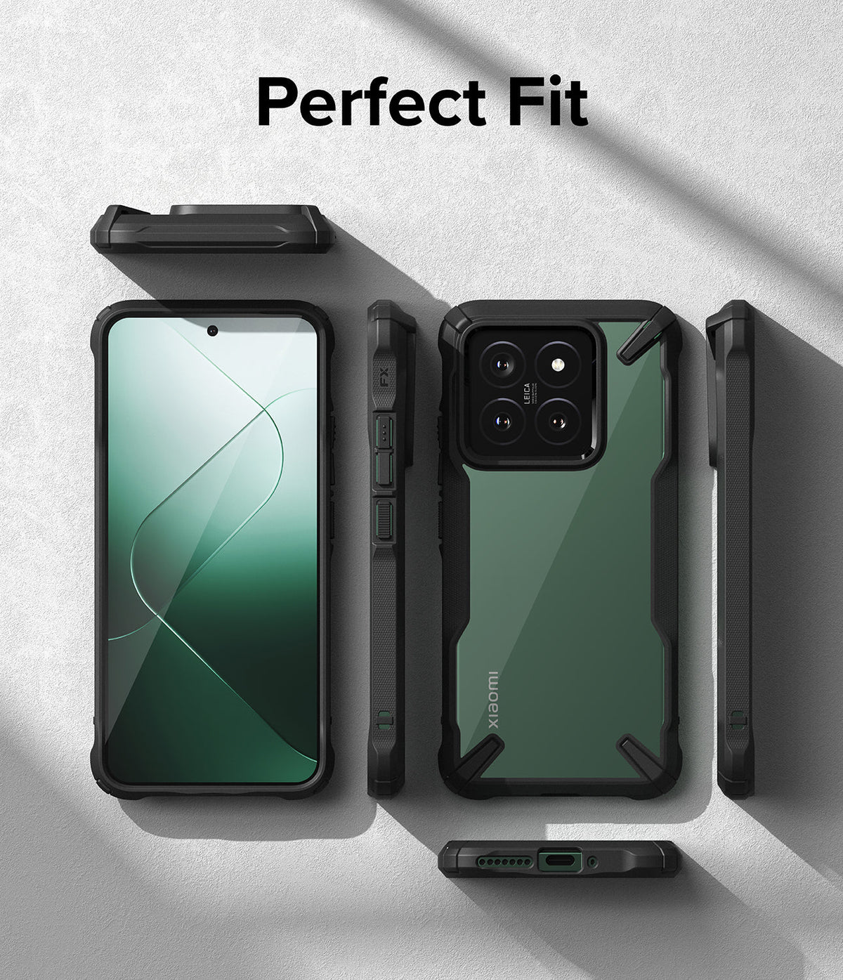 Xiaomi 14 Case | Fusion-X - Multiple views of a black protective phone case with a green back panel on a gray background.