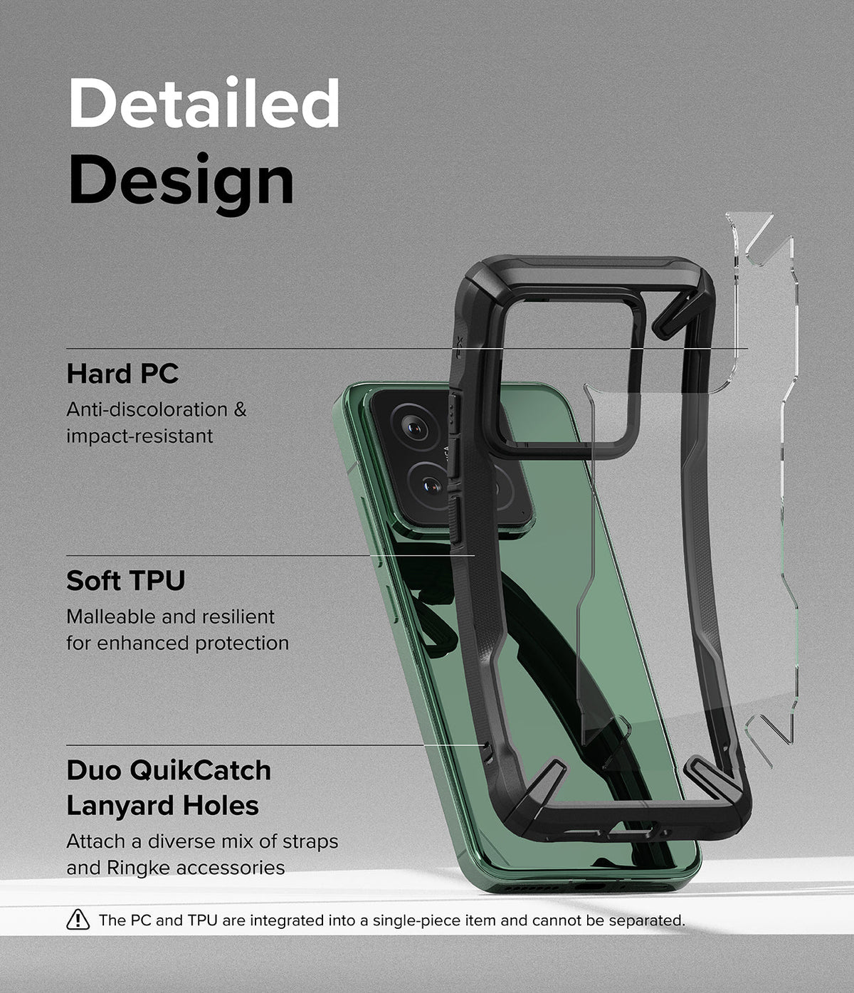 Xiaomi 14 Case | Fusion-X - Exploded view of a black and clear protective phone case highlighting PC and TPU materials.