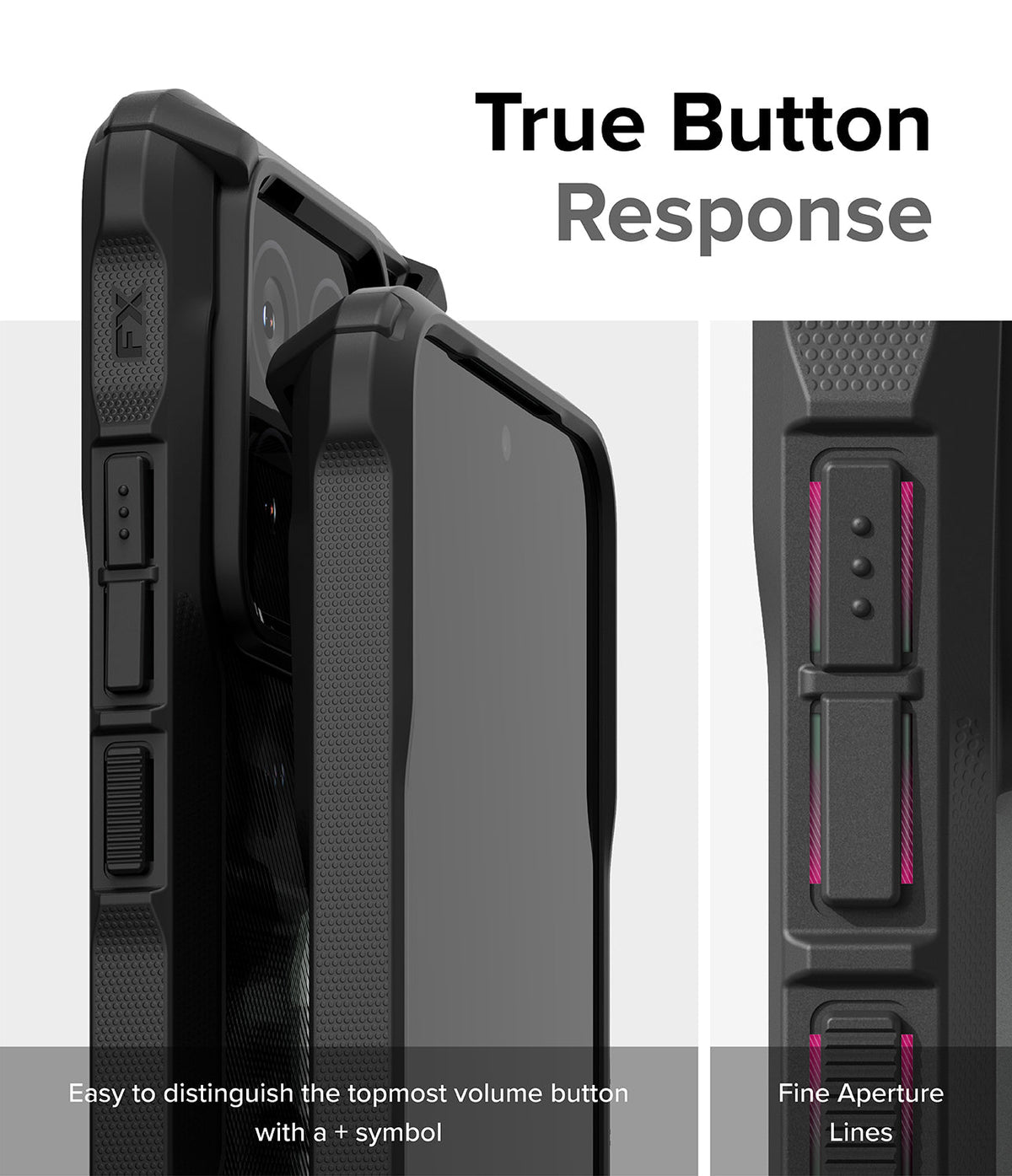 Xiaomi 14 Case | Fusion-X - Close-up of phone case buttons with tactile symbols and fine aperture lines for responsive feedback.
