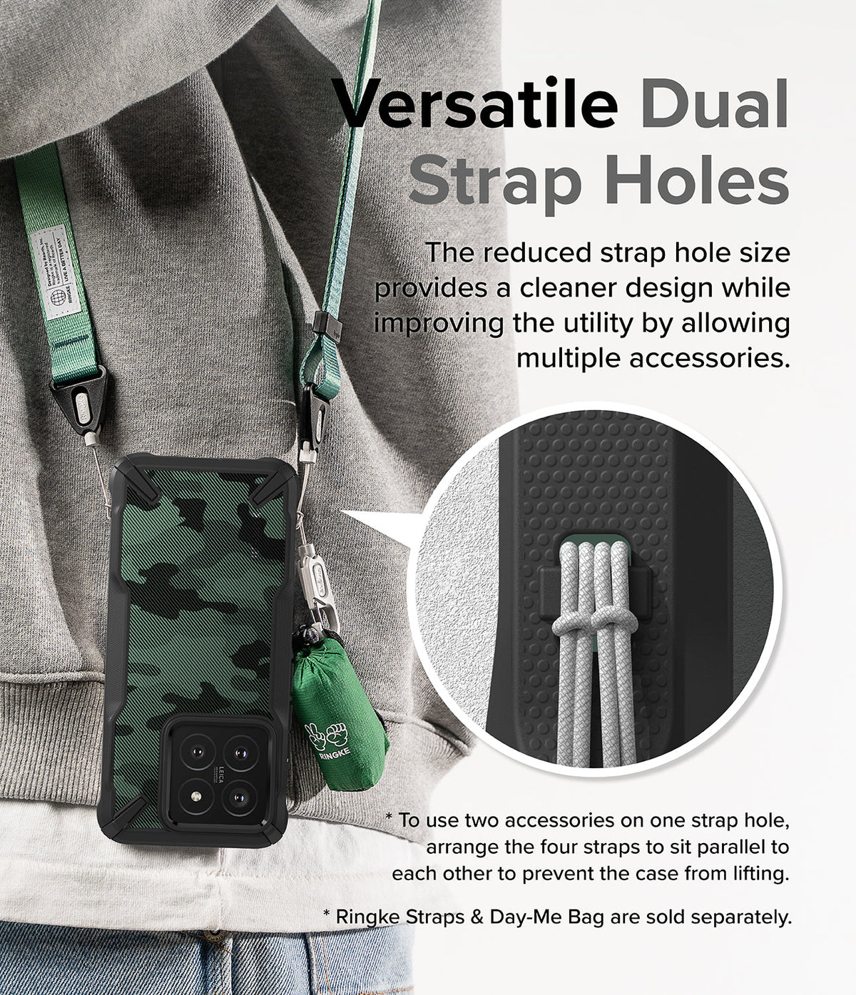 Xiaomi 14 Case | Fusion-X - Camo phone case with dual strap holes holding a green lanyard and small accessory bag.