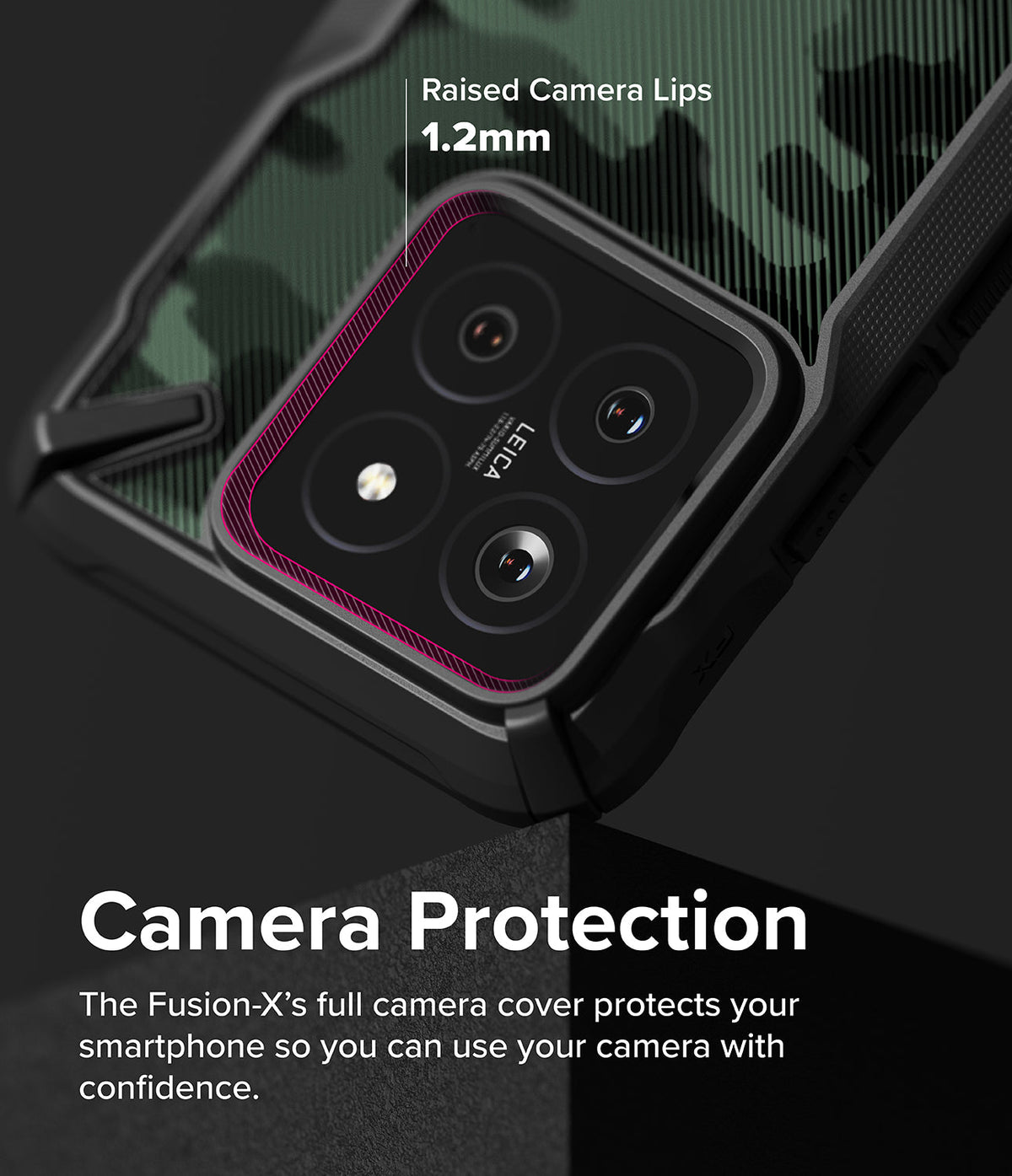 Xiaomi 14 Case | Fusion-X - Close-up of a camo phone case highlighting a 1.2mm raised bezel around the camera module.