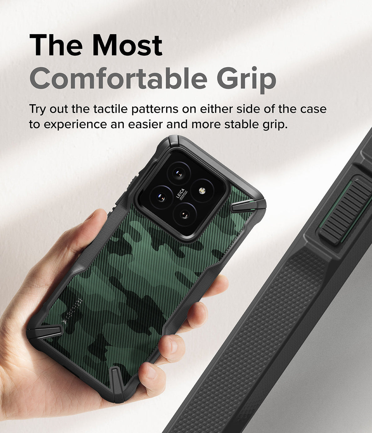 Xiaomi 14 Case | Fusion-X - Hand holding a camo-patterned phone case with tactile side grips for improved stability.