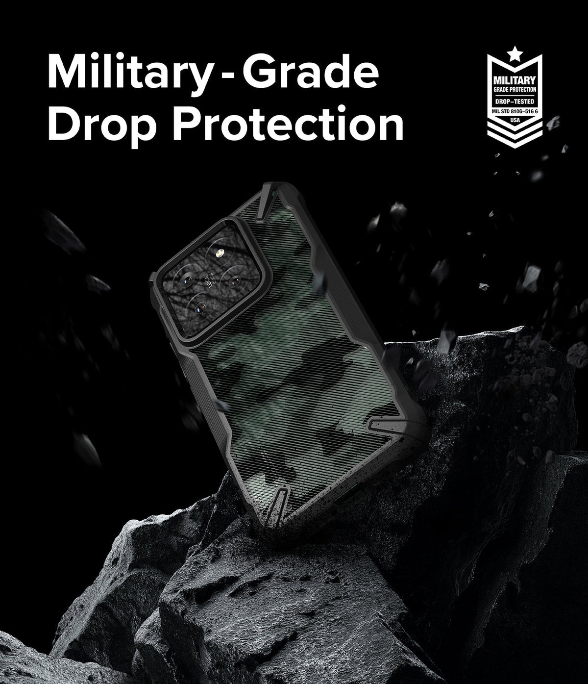 Xiaomi 14 Case | Fusion-X - Camouflage phone case on a rocky surface with text highlighting military-grade drop protection.
