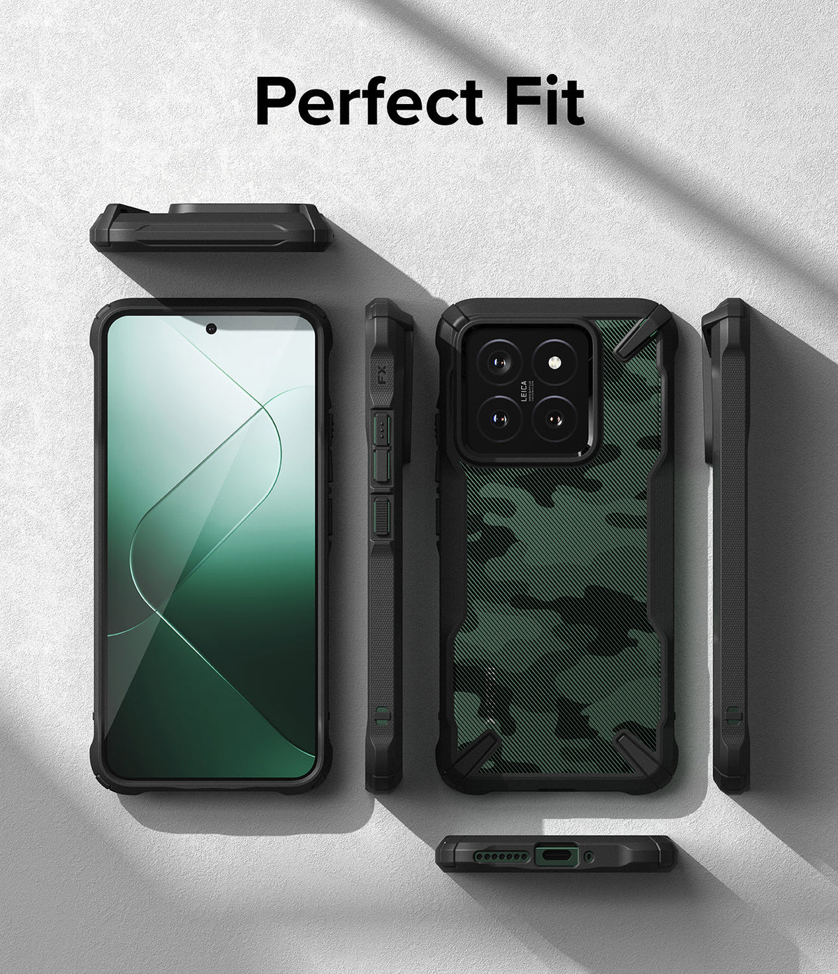 Xiaomi 14 Case | Fusion-X - Multiple views of a rugged camo phone case for Xiaomi 14 showing front, back, and side profiles.