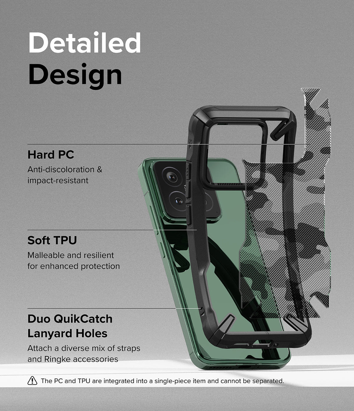 Xiaomi 14 Case | Fusion-X - Exploded view of a protective phone case highlighting hard PC, soft TPU, and lanyard hole features.