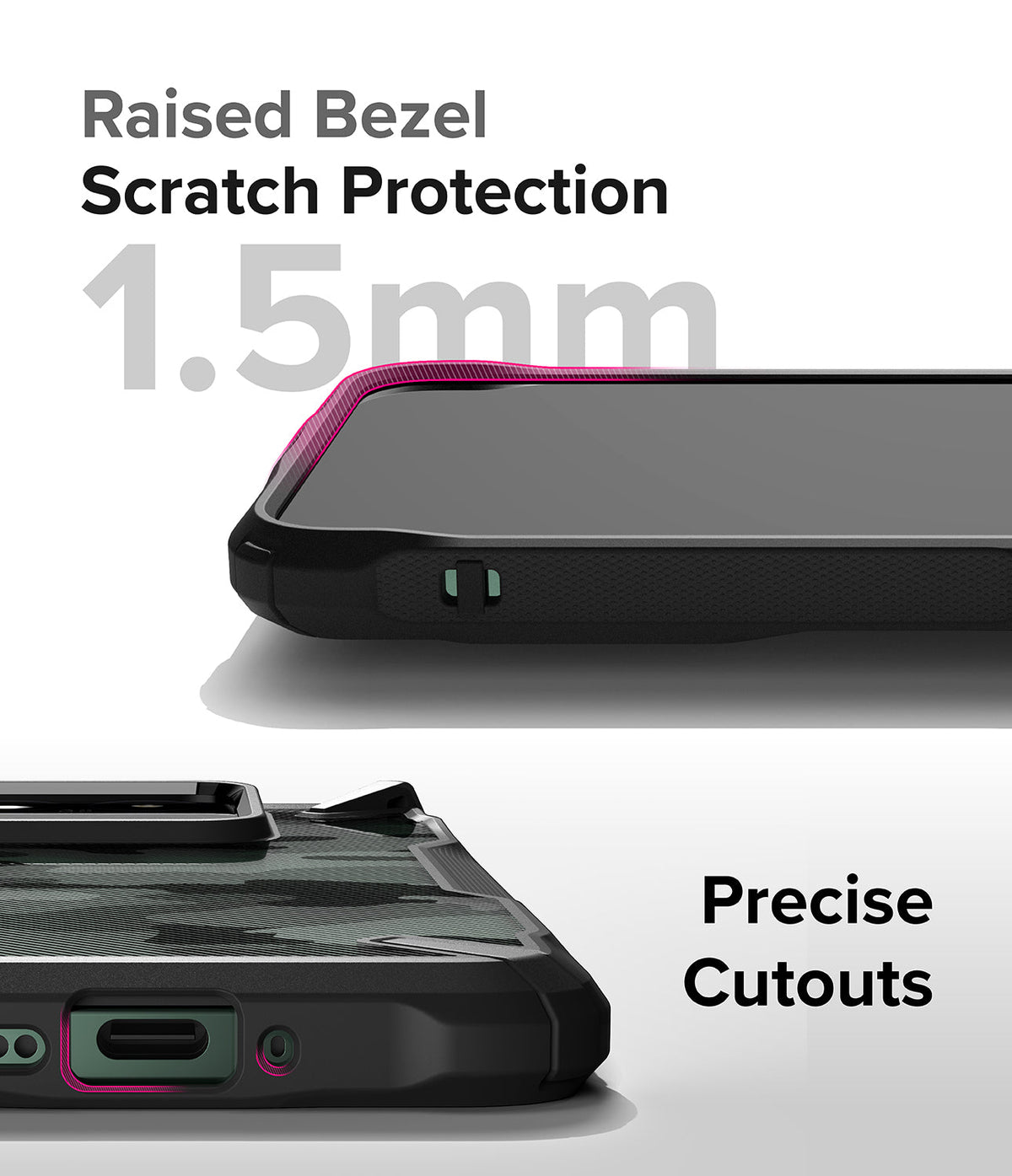 Xiaomi 14 Case | Fusion-X - Close-up of phone case showing 1.5mm raised bezel for screen protection and precise port cutouts.