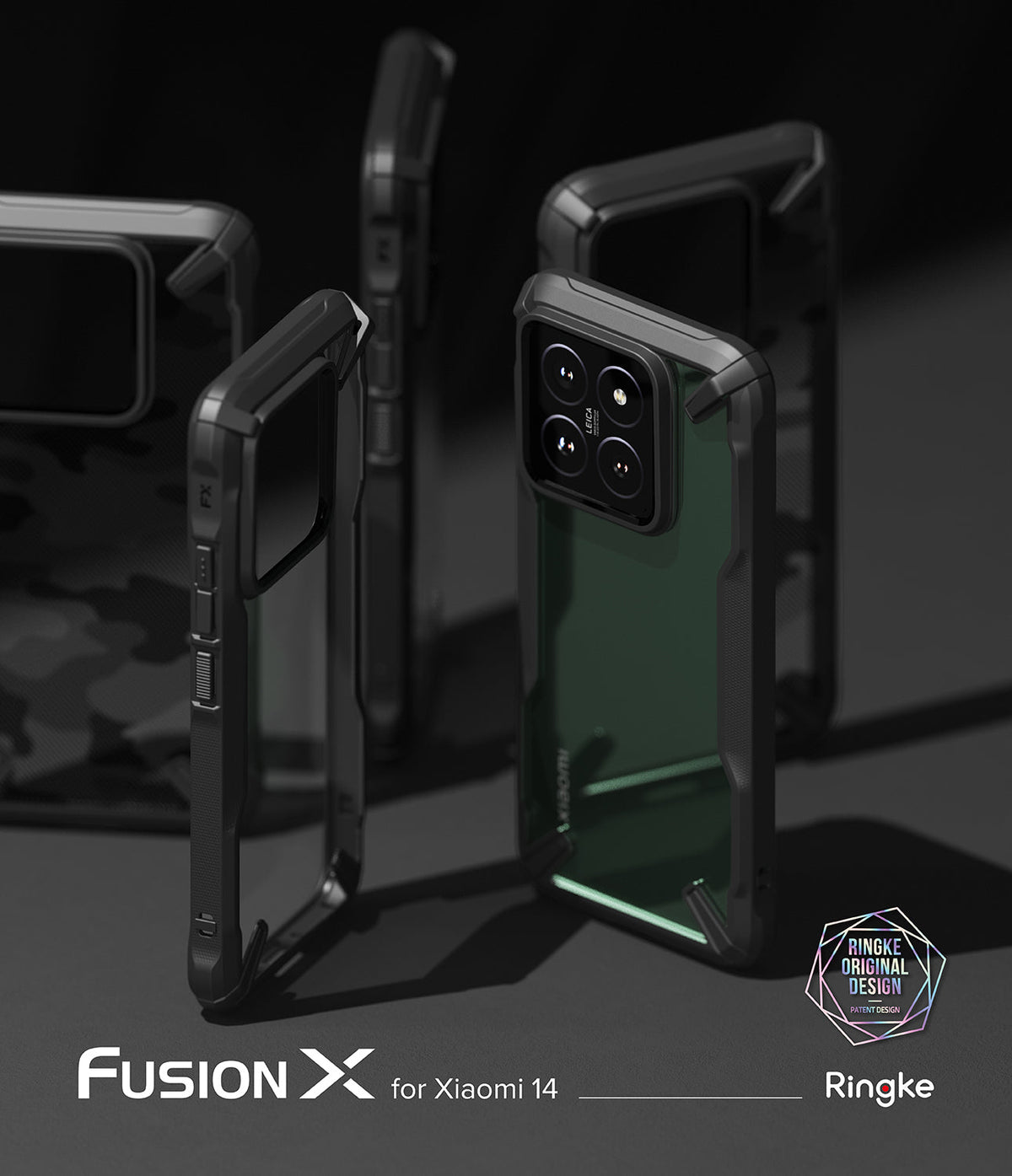 Xiaomi 14 Case | Fusion-X - Multiple black Fusion-X protective cases for Xiaomi 14 displayed against a dark background.