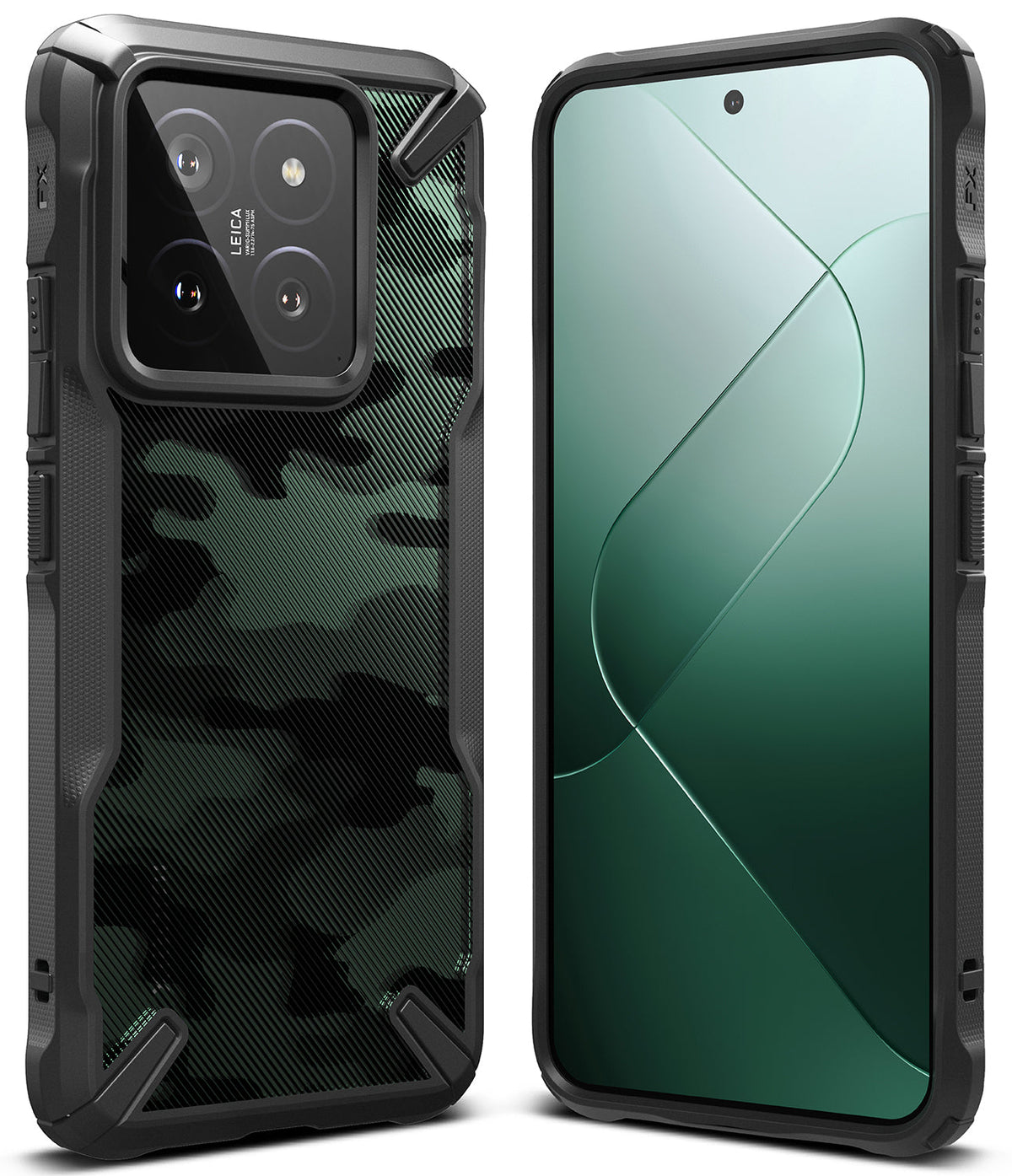 Xiaomi 14 Case | Fusion-X - Black rugged phone case with green camo back and front view showing a green screen display.